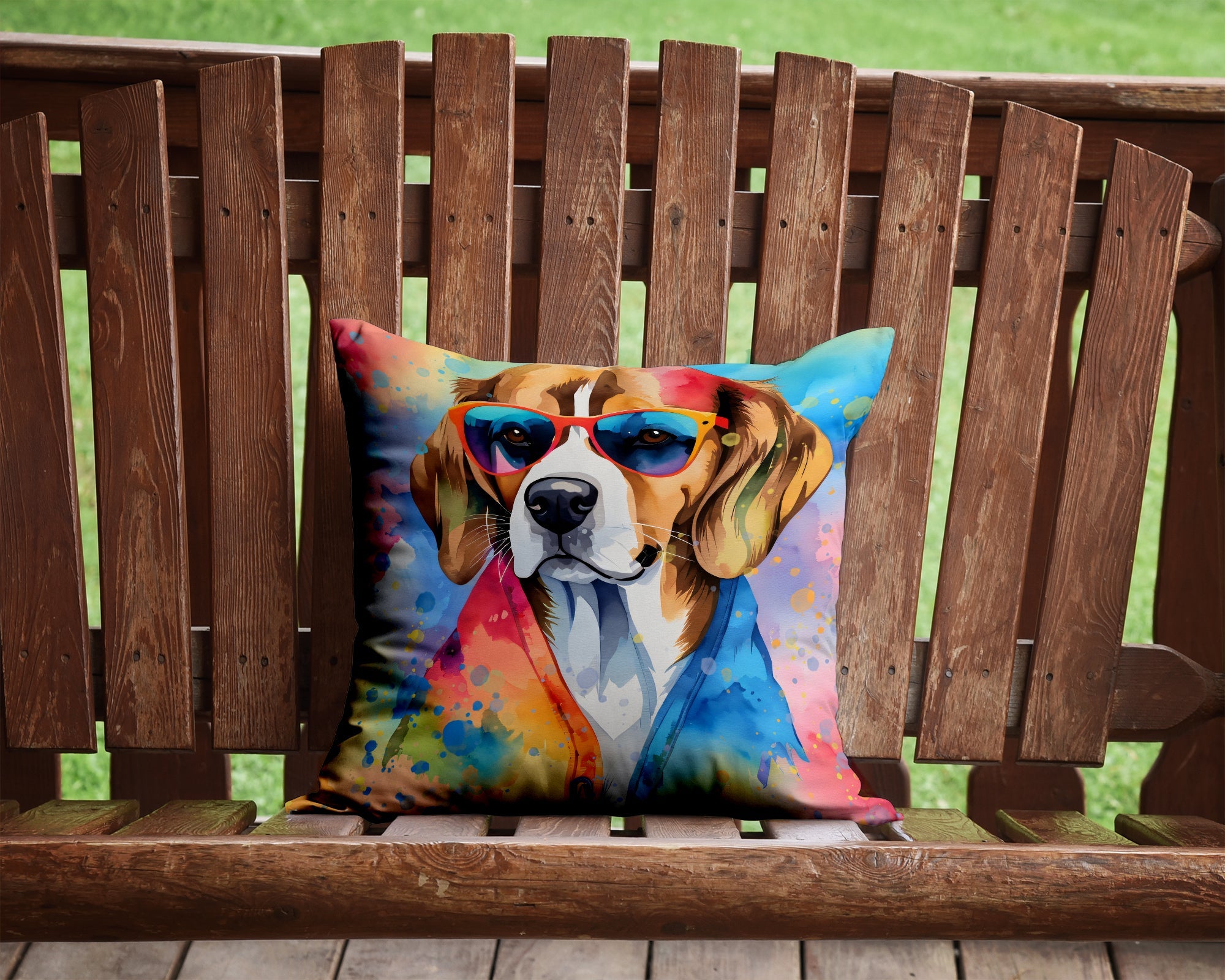 Beagle Hippie Dawg Decorative Throw Pillow 14x14 Indoor Outdoor Accent Cushion, Fabric Cover with Insert for Sofa, Bed, Porch & Living Room