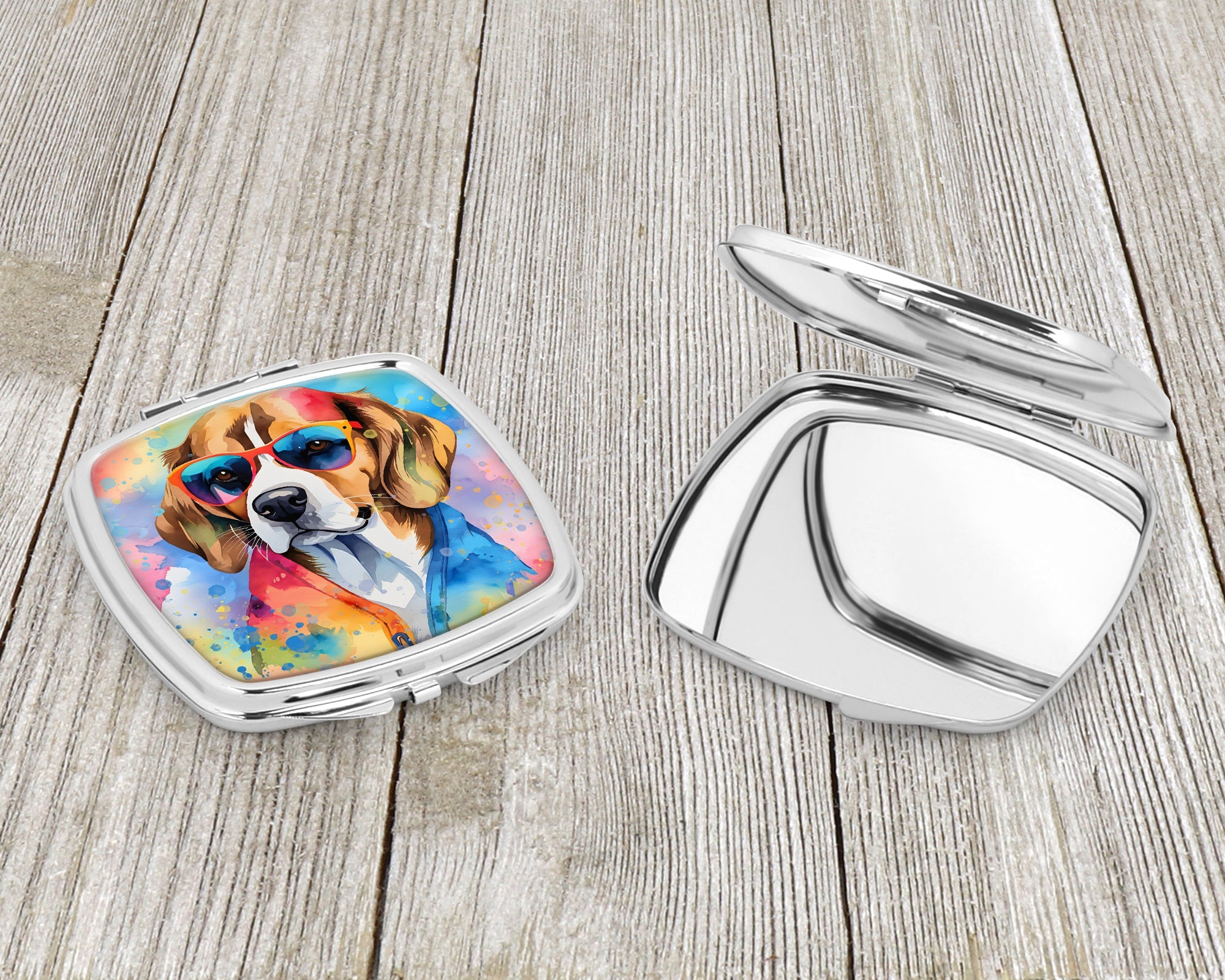 Beagle Hippie Dawg Compact Mirror Decorative Travel Makeup Mirror for Women Girls Gifts Pocket Makeup Mirror Folding Handheld