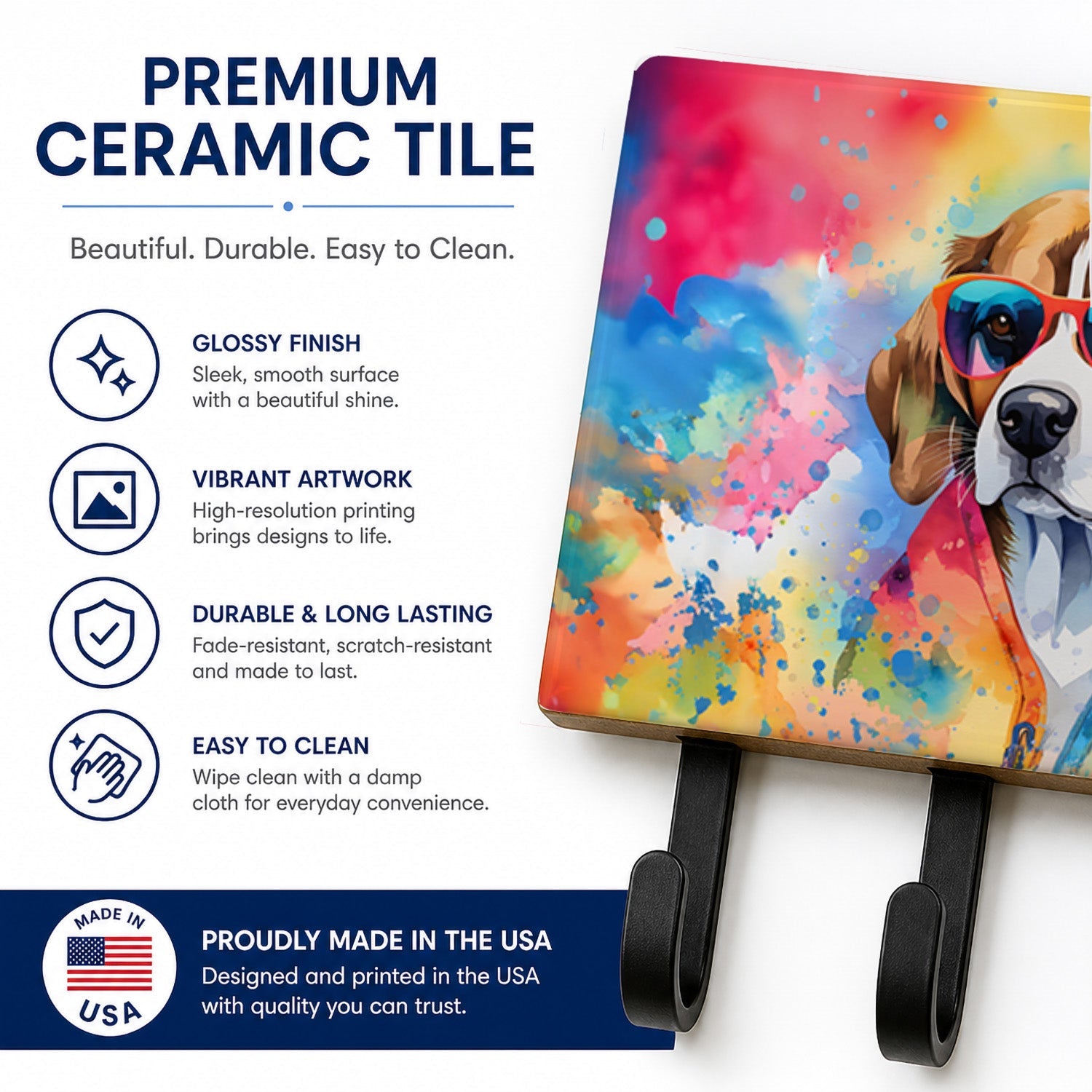 Beagle Hippie Dawg Leash or Key Holder Wall Hooks, Coat Rack Wall Mount, for Hanging Keys, Towels, Aprons, Leashes
