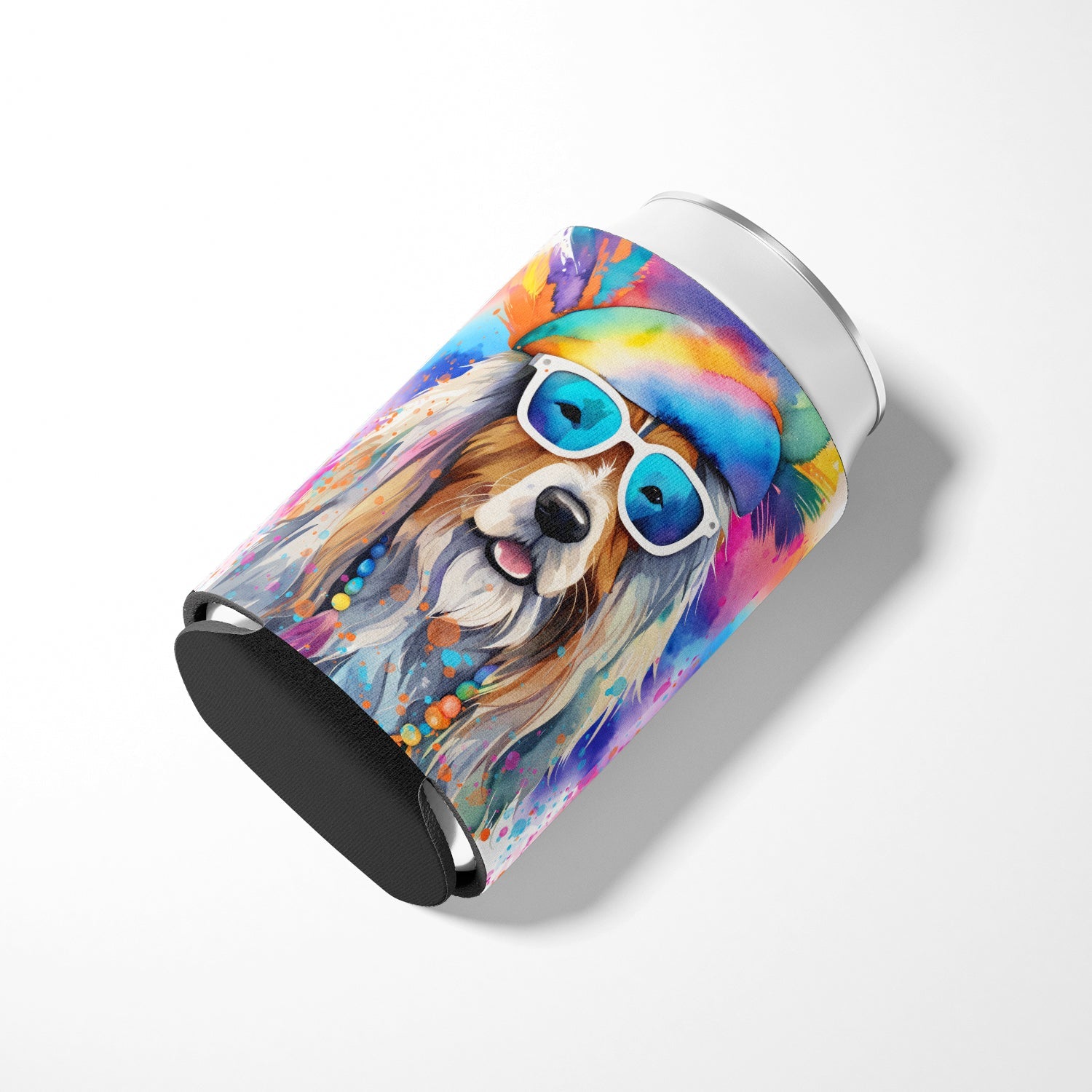 Bearded Collie Hippie Dawg Can or Bottle Hugger Cooler Sleeve for Standard 12 oz Cans, Insulated Foam Beer & Soda Can Hugger Reusable