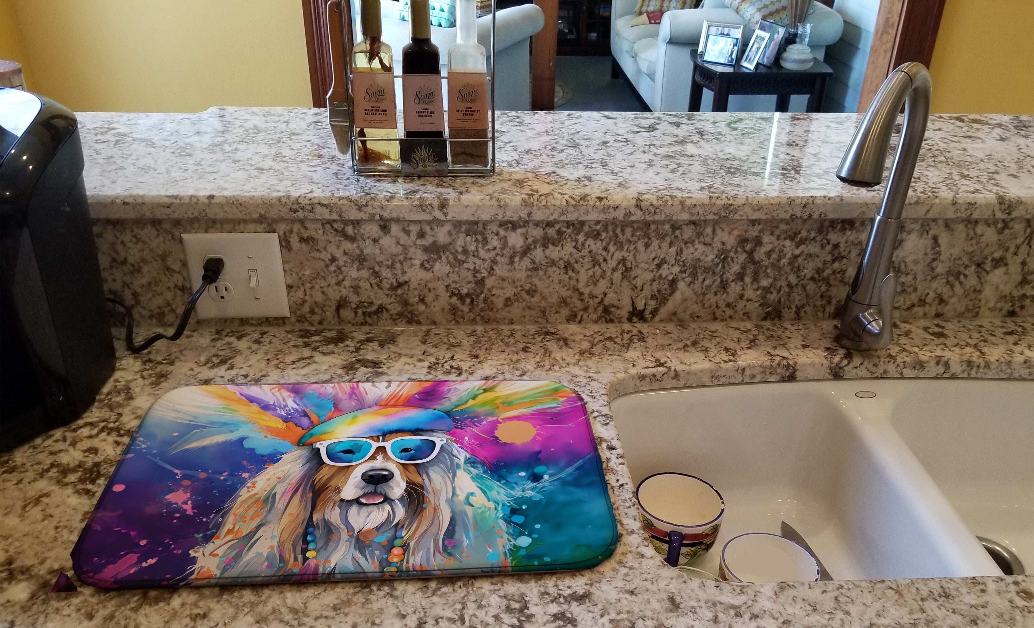 Bearded Collie Hippie Dawg Dish Drying Mat Absorbent Dish Drying Mat Pad for Kitchen Counter Dish Drainer Mat for Countertop, 14 x 21", Multicolor
