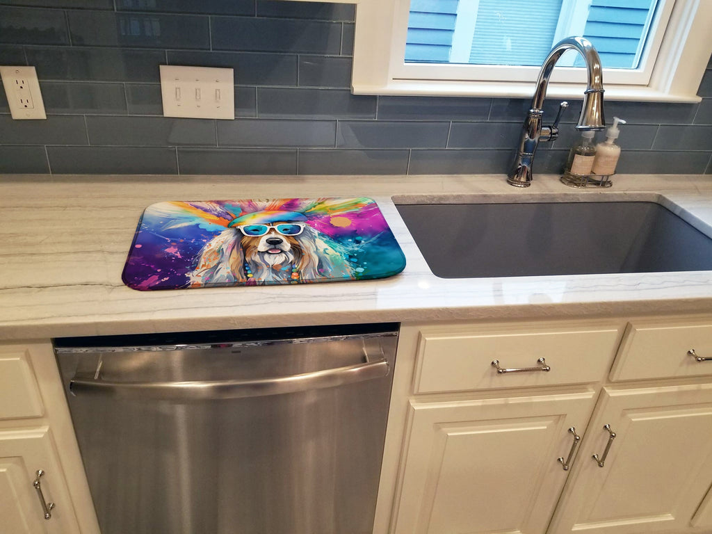 Bearded Collie Hippie Dawg Dish Drying Mat Absorbent Dish Drying Mat Pad for Kitchen Counter Dish Drainer Mat for Countertop, 14 x 21", Multicolor