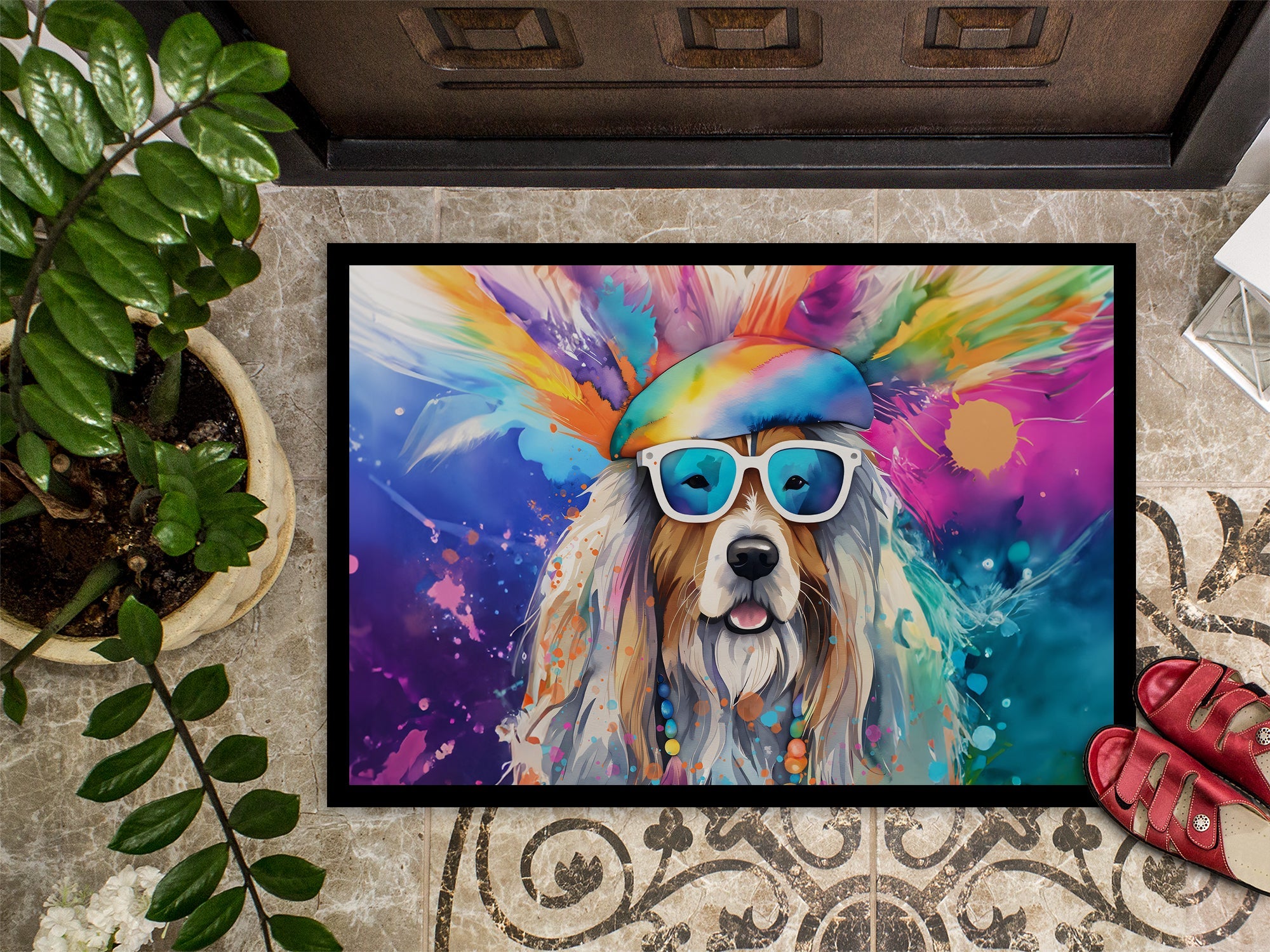 Bearded Collie Hippie Dawg Doormat Indoor Outdoor 24H X 36W Front Door Mat Rugs for Entryway, Non Slip Washable Low Pile,
