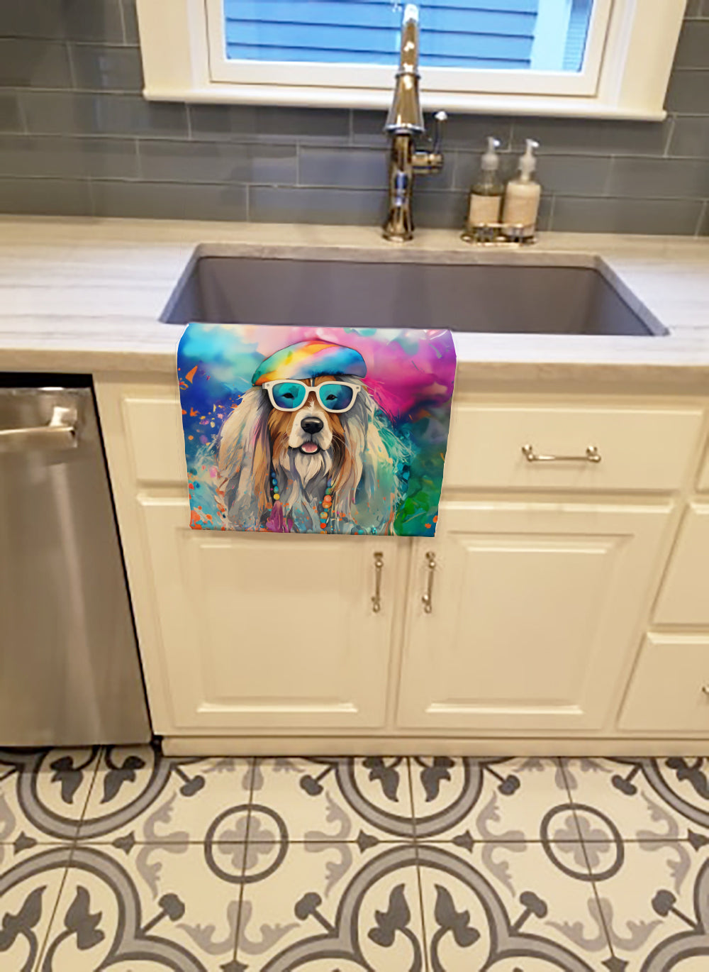 Bearded Collie Hippie Dawg Kitchen Towel Velour Plush Front and Cotton Loop Back Machine Washable
