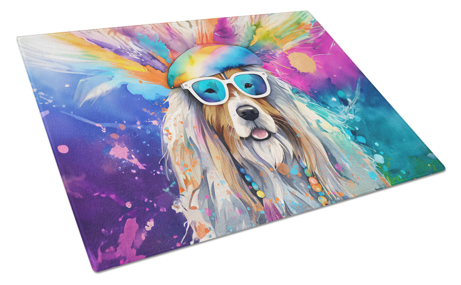 Bearded Collie Hippie Dawg Cutting Board Tempered Glass Kitchen Cutting Surface, Heat Resistant Chopping, Non-Slip Feet, Food Prep & Serving