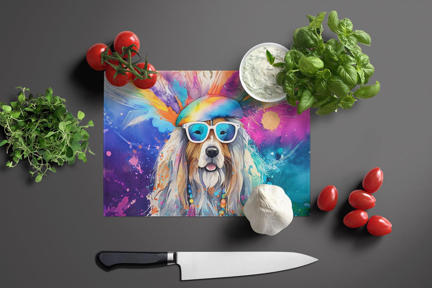 Bearded Collie Hippie Dawg Cutting Board Tempered Glass Kitchen Cutting Surface, Heat Resistant Chopping, Non-Slip Feet, Food Prep & Serving