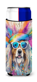 Bearded Collie Hippie Dawg Slim Can Hugger , Insulated Foam Hugger for 12 oz Slim Cans, Beer Bottles & Water Bottles, Printed in USA