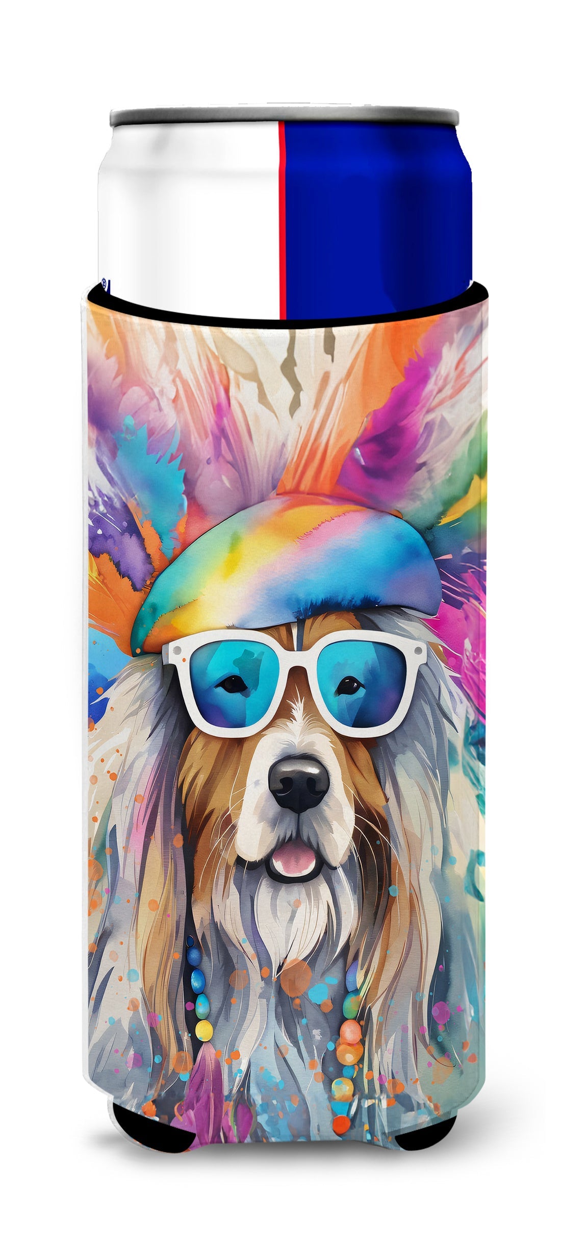 Bearded Collie Hippie Dawg Slim Can Hugger , Insulated Foam Hugger for 12 oz Slim Cans, Beer Bottles & Water Bottles, Printed in USA