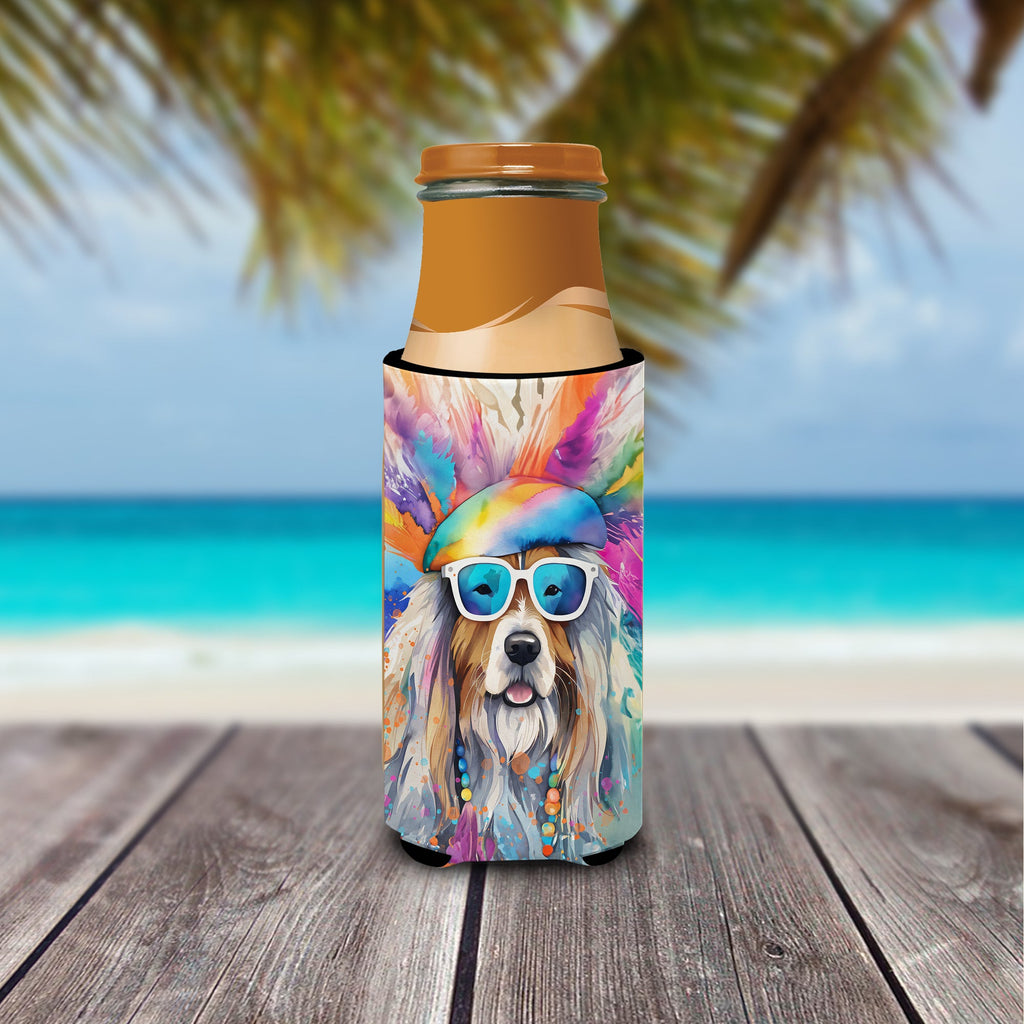 Bearded Collie Hippie Dawg Slim Can Hugger , Insulated Foam Hugger for 12 oz Slim Cans, Beer Bottles & Water Bottles, Printed in USA