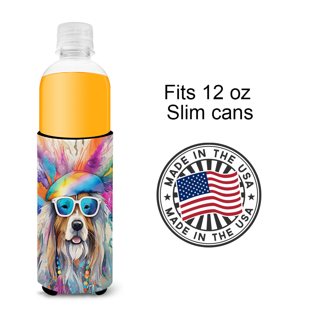 Bearded Collie Hippie Dawg Slim Can Hugger , Insulated Foam Hugger for 12 oz Slim Cans, Beer Bottles & Water Bottles, Printed in USA
