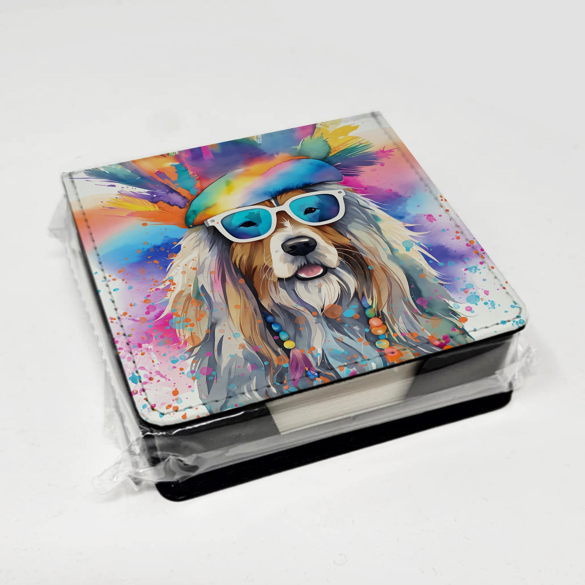 Bearded Collie Hippie Dawg PU Leather Note Paper Holder with Artist-Designed Cover, Desk Accessory, Office Gift