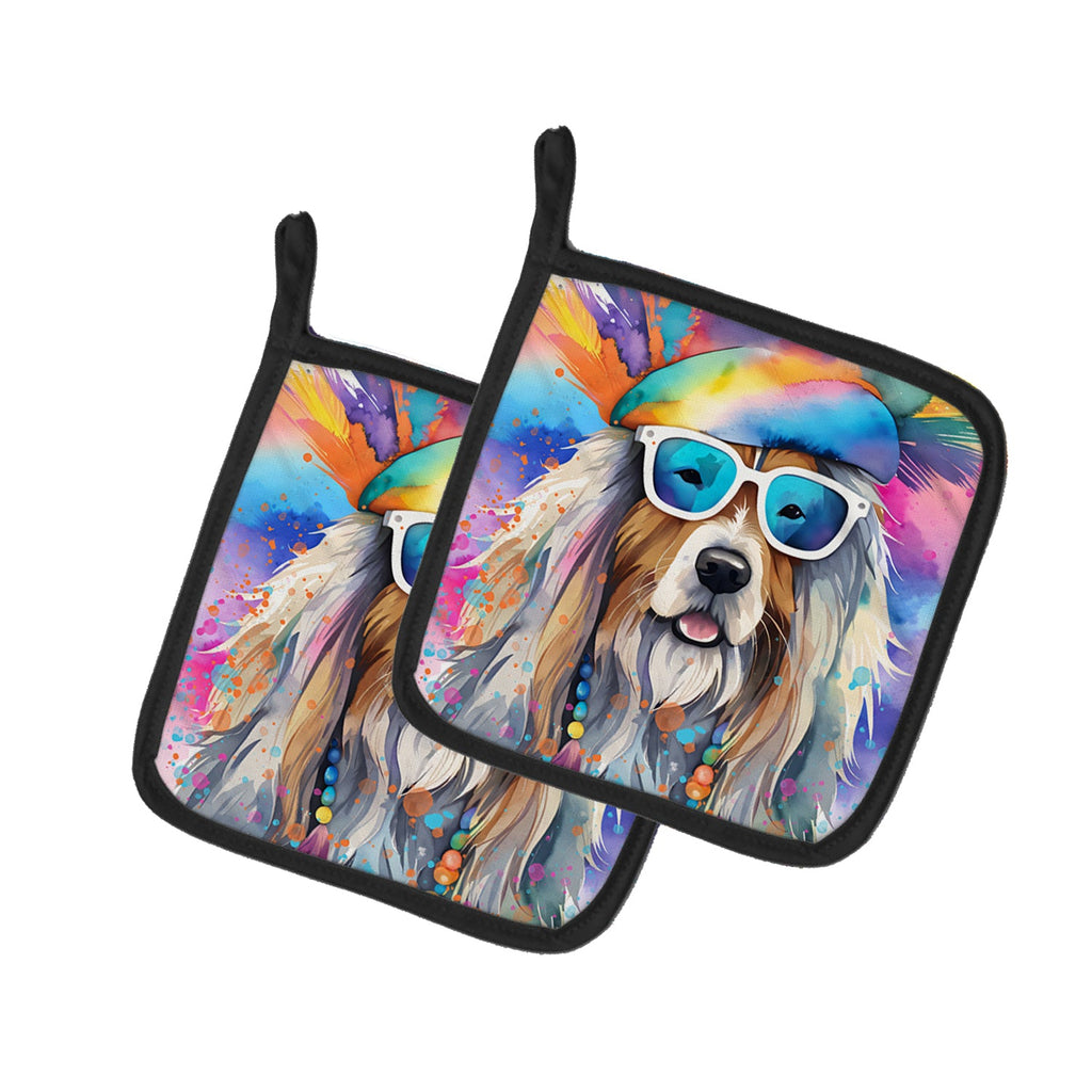 Bearded Collie Hippie Dawg Pot Holder Set of 2 Heat Resistant Quilted Hot Pads 7.5 x 7.5 Inch, Insulated Kitchen Trivets for Cooking & Baking