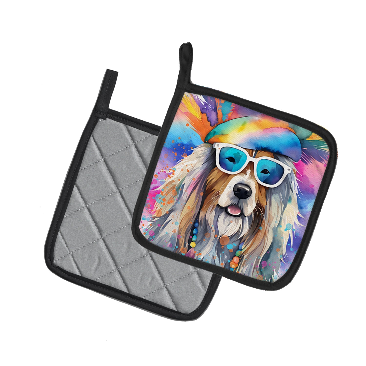 Bearded Collie Hippie Dawg Pot Holder Set of 2 Heat Resistant Quilted Hot Pads 7.5 x 7.5 Inch, Insulated Kitchen Trivets for Cooking & Baking