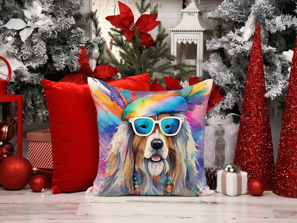 Bearded Collie Hippie Dawg Decorative Throw Pillow 14x14 Indoor Outdoor Accent Cushion, Fabric Cover with Insert for Sofa, Bed, Porch & Living Room