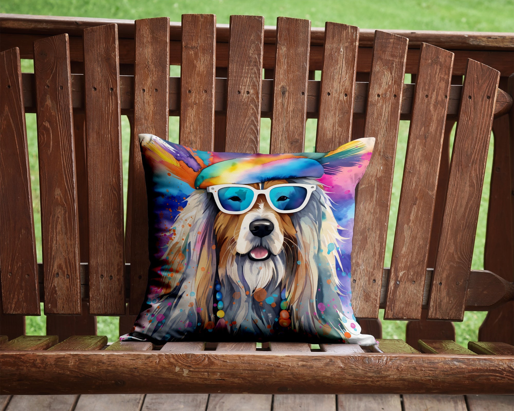 Bearded Collie Hippie Dawg Decorative Throw Pillow 14x14 Indoor Outdoor Accent Cushion, Fabric Cover with Insert for Sofa, Bed, Porch & Living Room