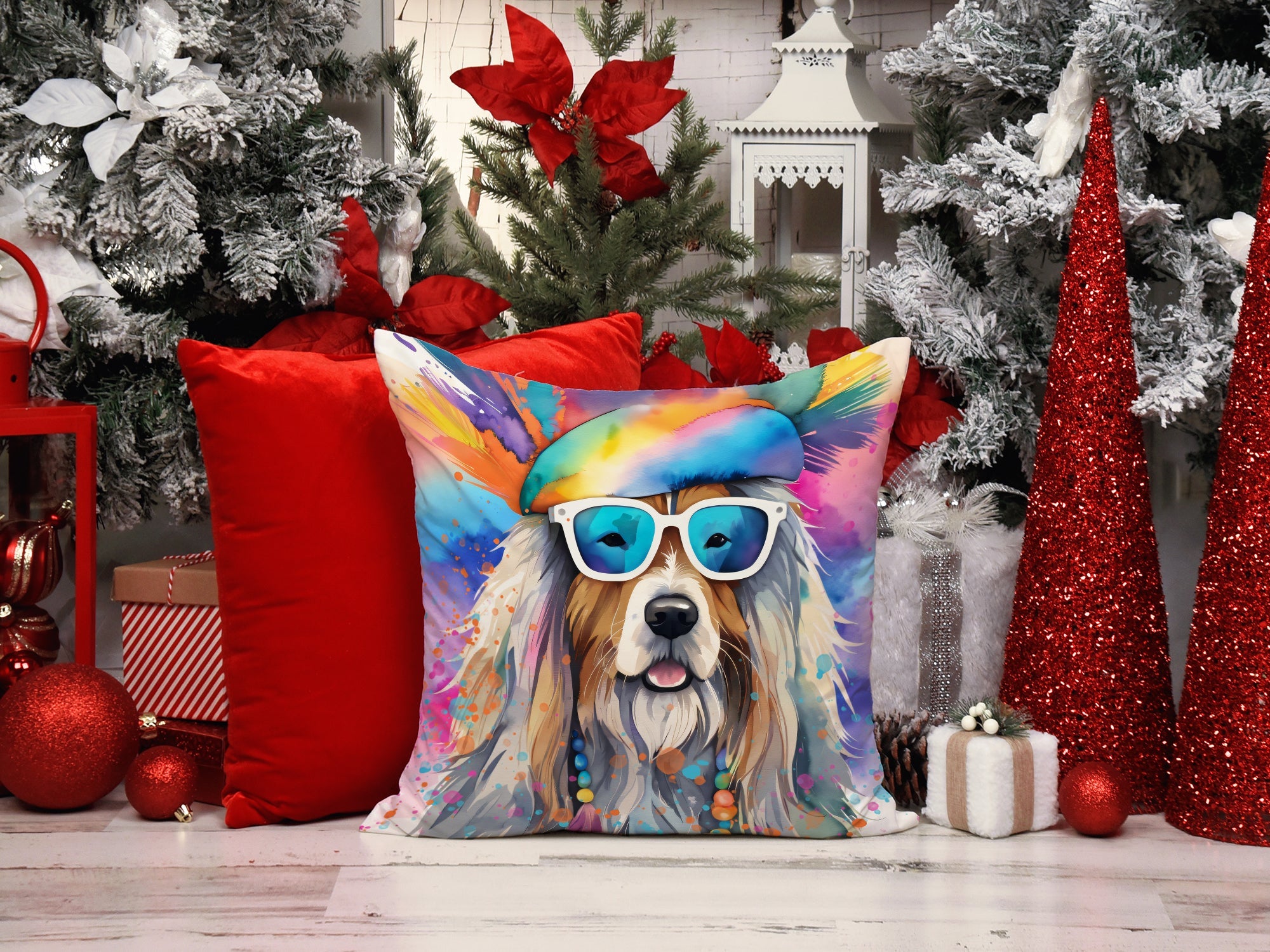 Bearded Collie Hippie Dawg Decorative Throw Pillow 18x18 Indoor Outdoor Accent Cushion, Fabric Cover with Insert for Sofa, Bed, Porch & Living Room