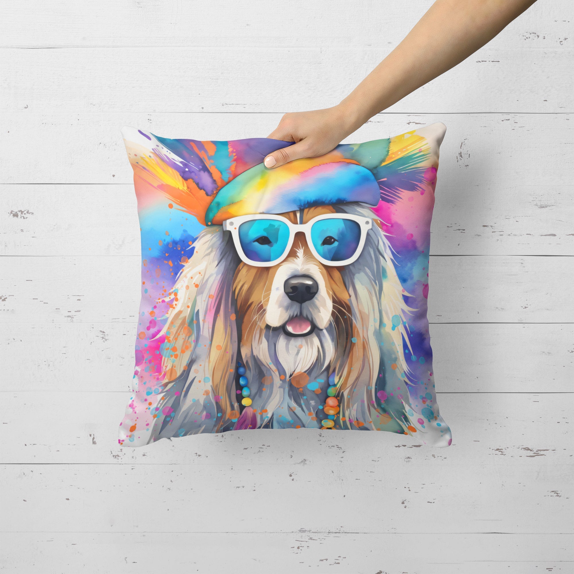 Bearded Collie Hippie Dawg Decorative Throw Pillow 18x18 Indoor Outdoor Accent Cushion, Fabric Cover with Insert for Sofa, Bed, Porch & Living Room
