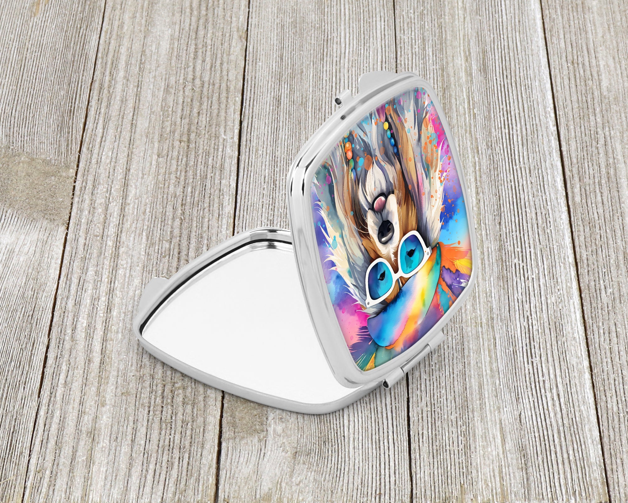 Bearded Collie Hippie Dawg Compact Mirror Decorative Travel Makeup Mirror for Women Girls Gifts Pocket Makeup Mirror Folding Handheld