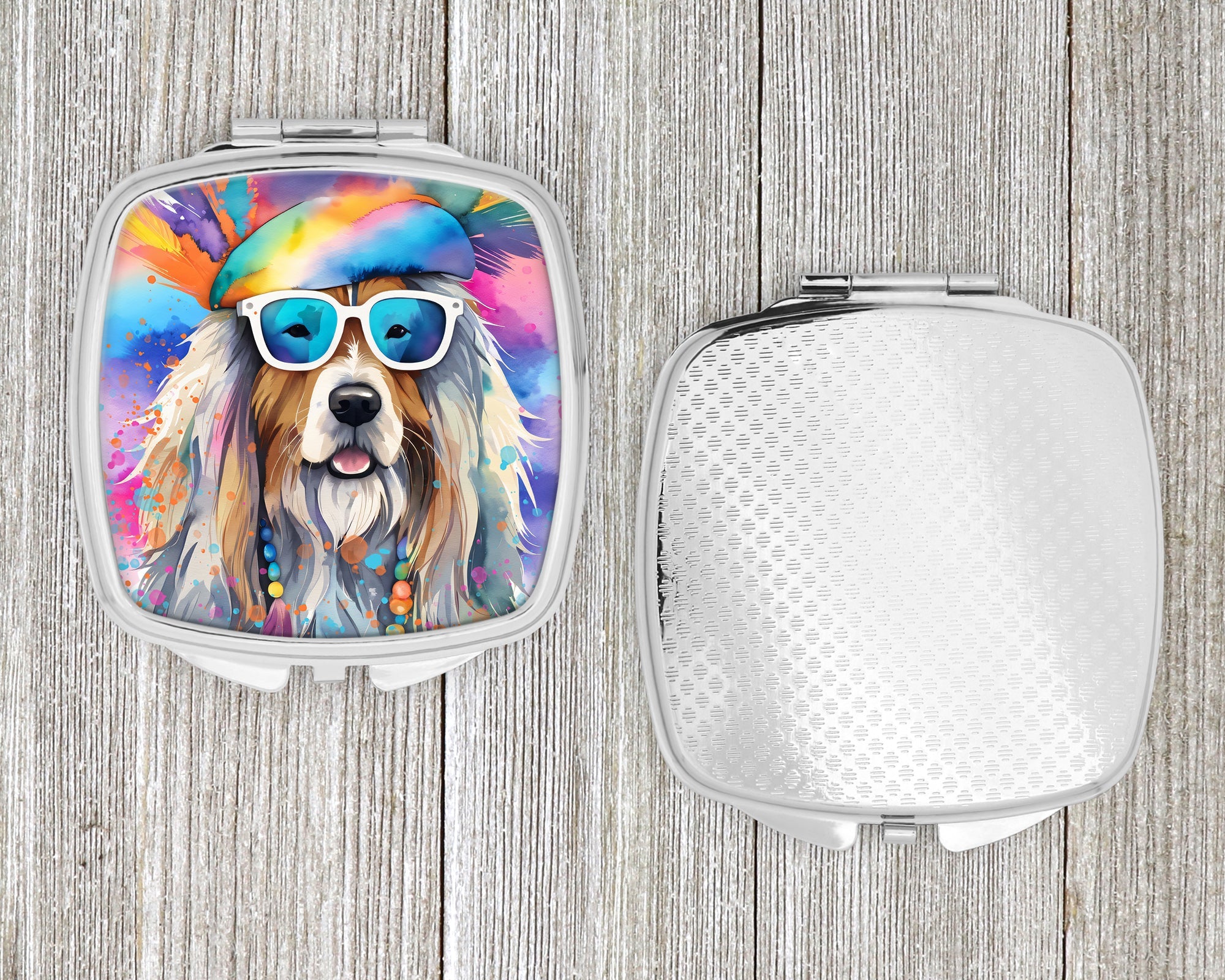 Bearded Collie Hippie Dawg Compact Mirror Decorative Travel Makeup Mirror for Women Girls Gifts Pocket Makeup Mirror Folding Handheld