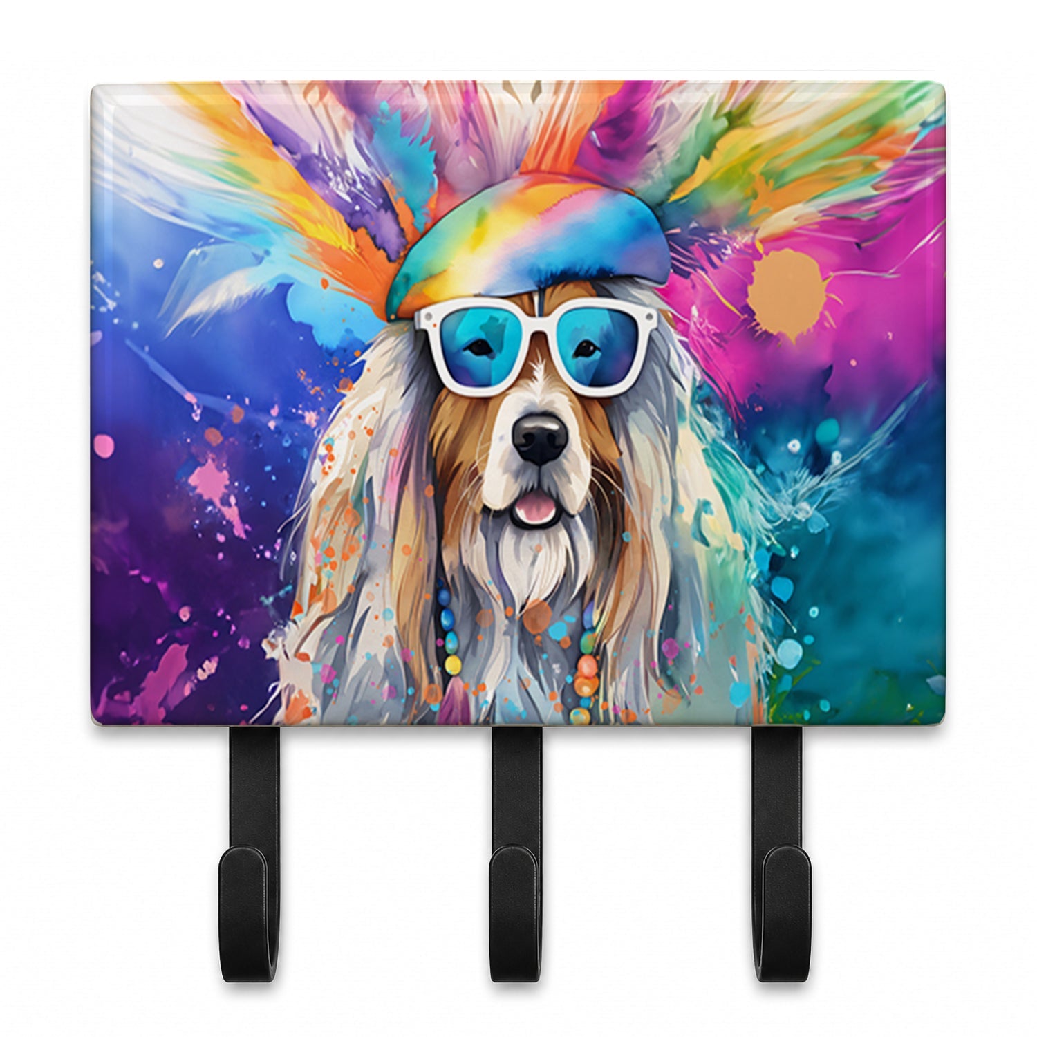 Bearded Collie Hippie Dawg Leash or Key Holder Wall Hooks, Coat Rack Wall Mount, for Hanging Keys, Towels, Aprons, Leashes