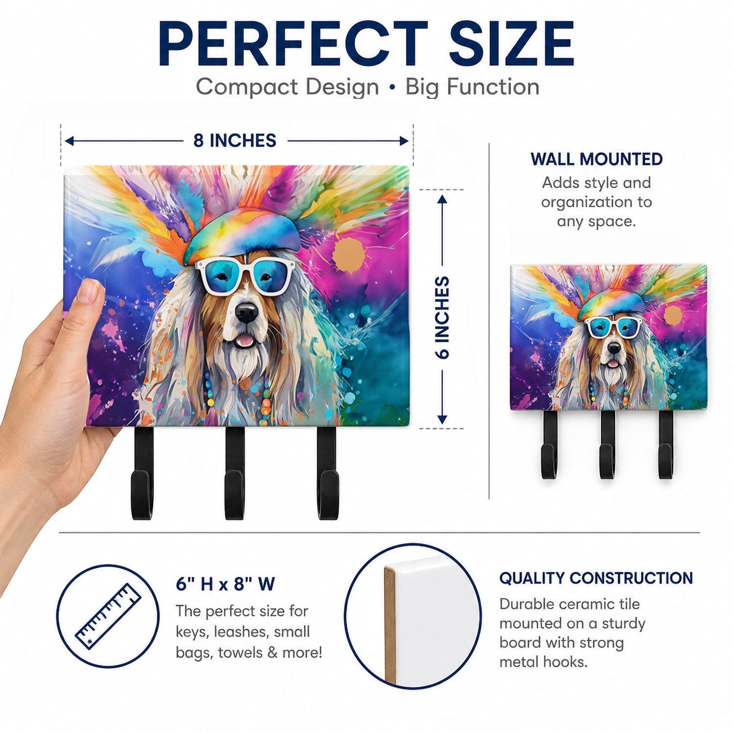 Bearded Collie Hippie Dawg Leash or Key Holder Wall Hooks, Coat Rack Wall Mount, for Hanging Keys, Towels, Aprons, Leashes