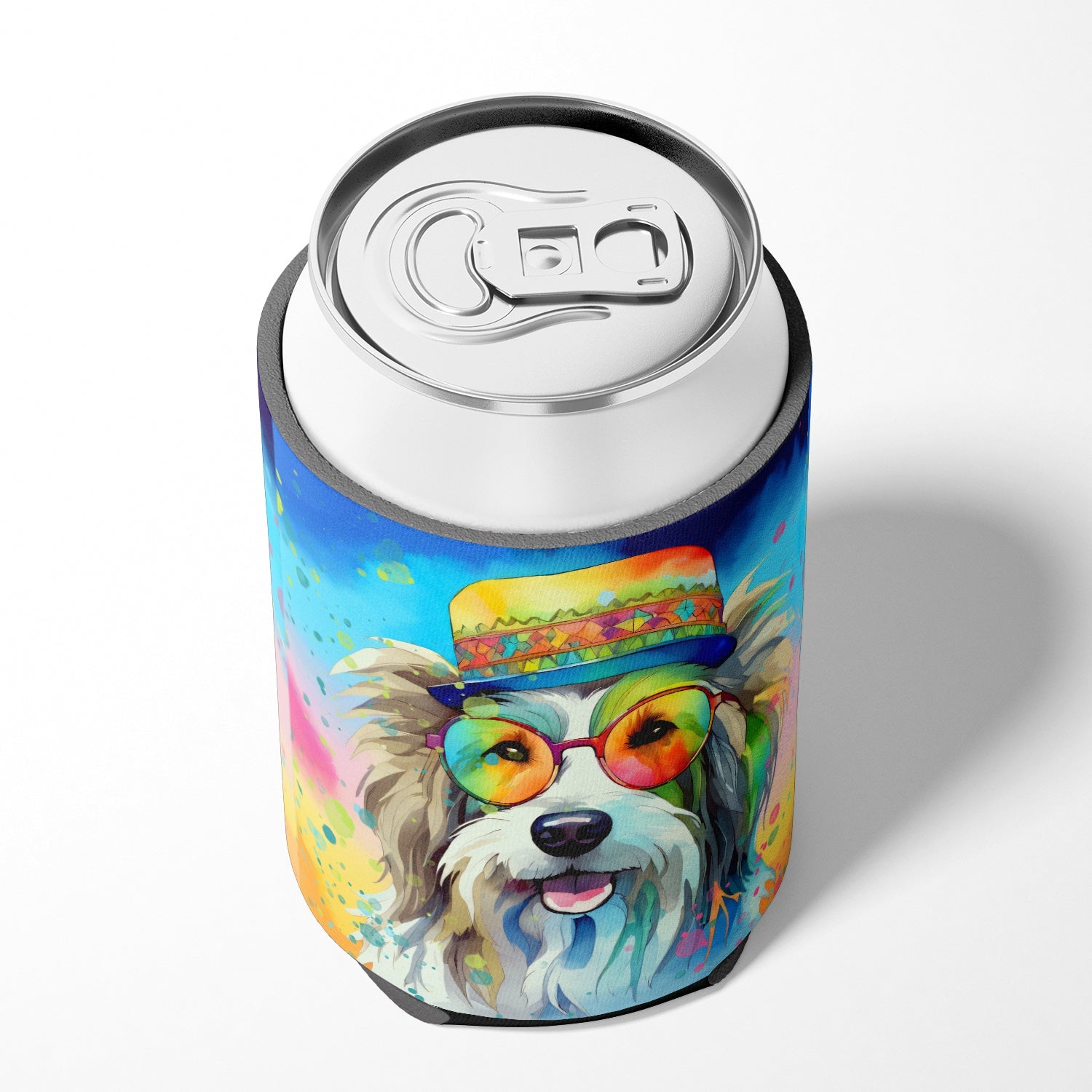 Bearded Collie Hippie Dawg Can or Bottle Hugger Cooler Sleeve for Standard 12 oz Cans, Insulated Foam Beer & Soda Can Hugger Reusable
