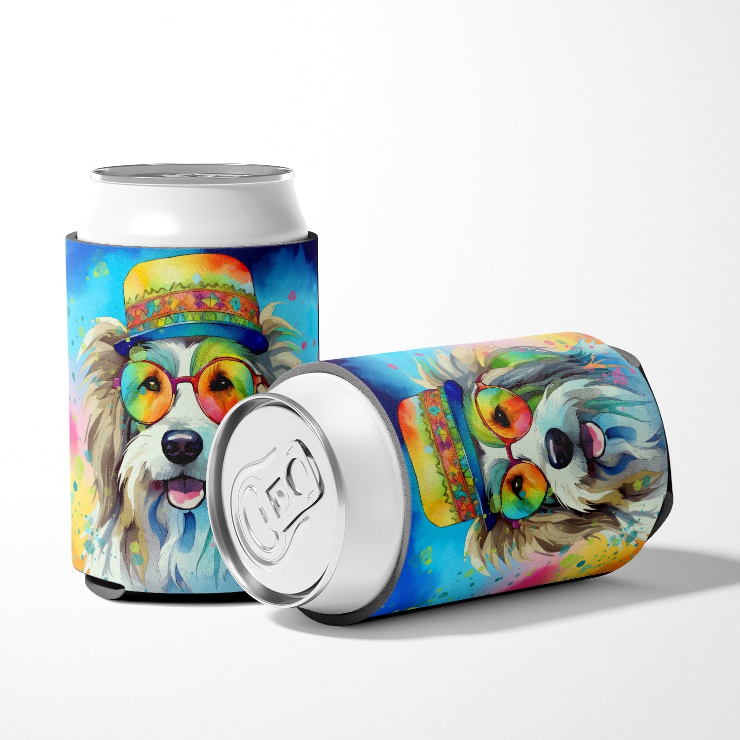 Bearded Collie Hippie Dawg Can or Bottle Hugger Cooler Sleeve for Standard 12 oz Cans, Insulated Foam Beer & Soda Can Hugger Reusable