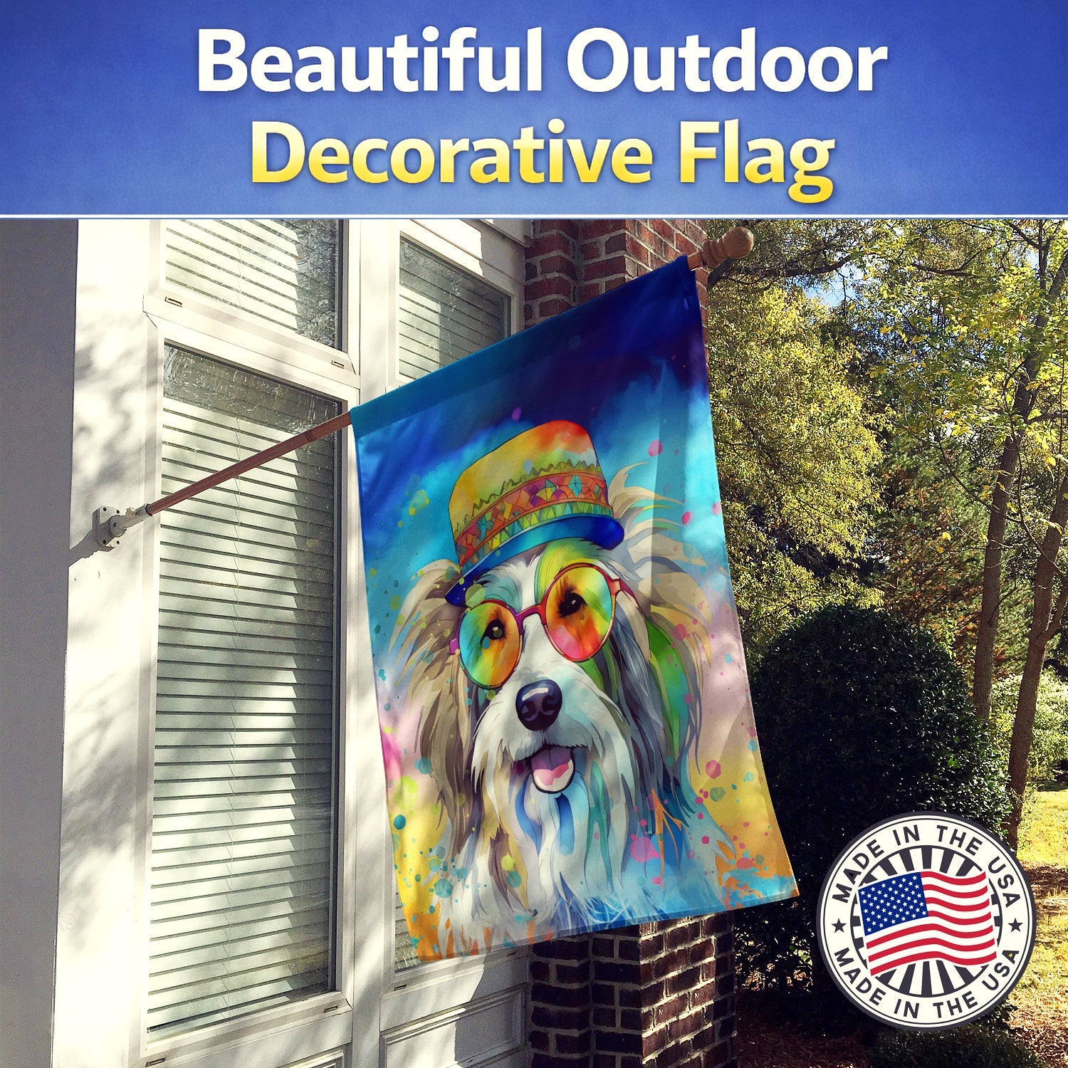 Bearded Collie Hippie Dawg House Flag 28x40 Porch Sleeve Pole Decorative Outside Yard Banner Artwork Wall Hanging, Polyester