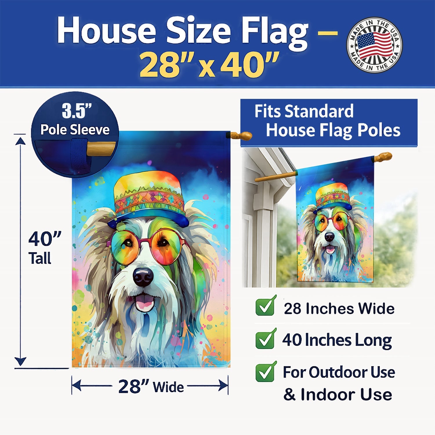 Bearded Collie Hippie Dawg House Flag 28x40 Porch Sleeve Pole Decorative Outside Yard Banner Artwork Wall Hanging, Polyester