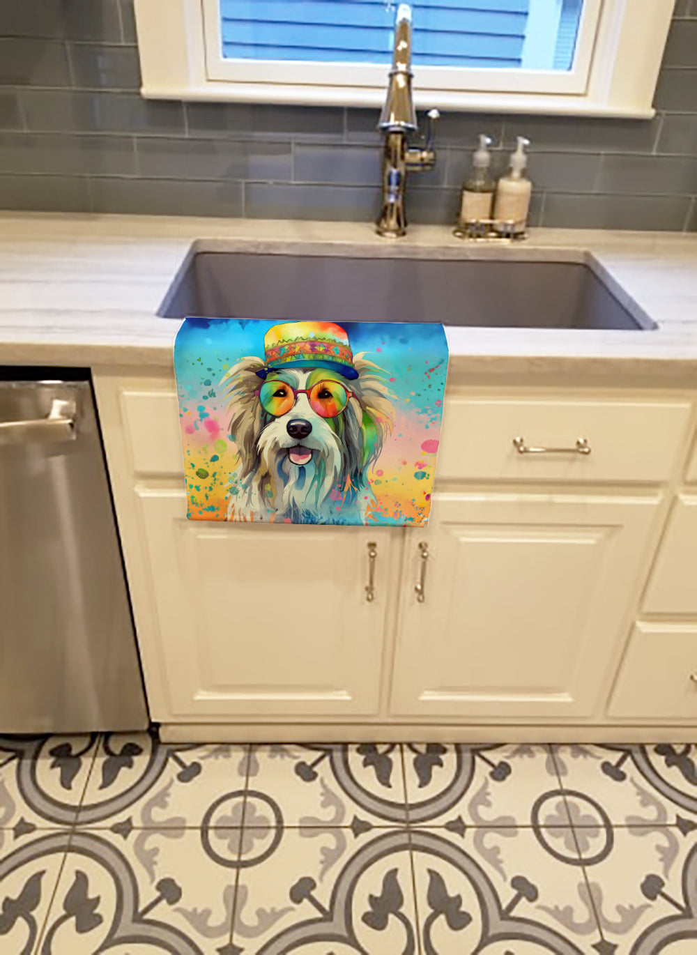 Bearded Collie Hippie Dawg Kitchen Towel Velour Plush Front and Cotton Loop Back Machine Washable