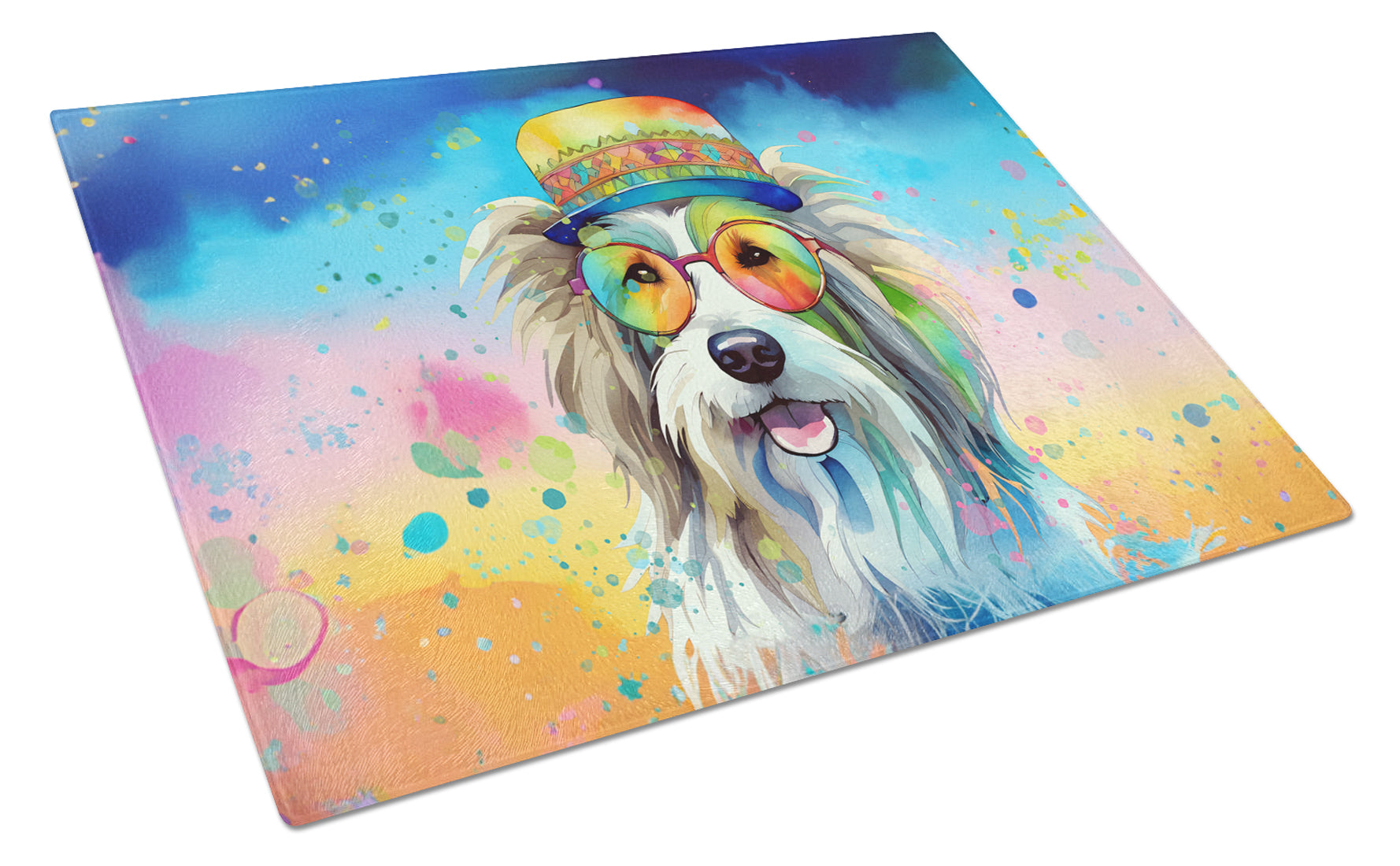 Bearded Collie Hippie Dawg Cutting Board Tempered Glass Kitchen Cutting Surface, Heat Resistant Chopping, Non-Slip Feet, Food Prep & Serving
