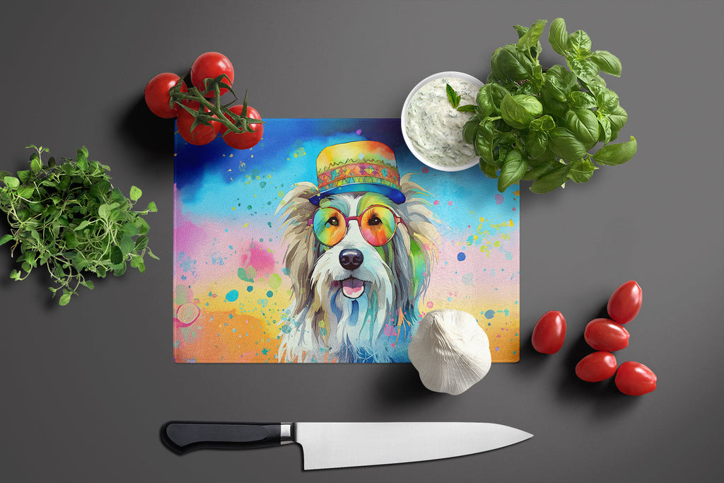 Bearded Collie Hippie Dawg Cutting Board Tempered Glass Kitchen Cutting Surface, Heat Resistant Chopping, Non-Slip Feet, Food Prep & Serving