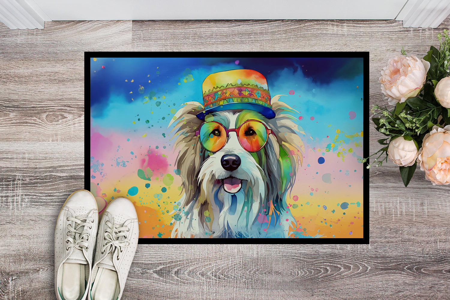 Bearded Collie Hippie Dawg Doormat Indoor Outdoor 18H X 27W Front Door Mat Rugs for Entryway, Non Slip Washable