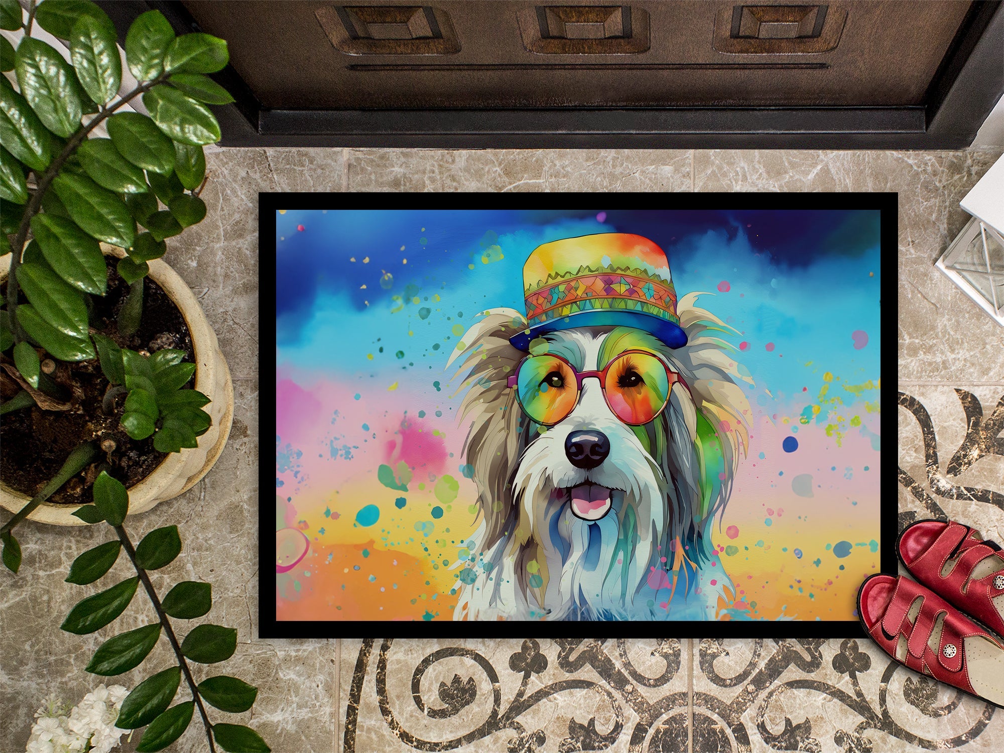 Bearded Collie Hippie Dawg Doormat Indoor Outdoor 18H X 27W Front Door Mat Rugs for Entryway, Non Slip Washable