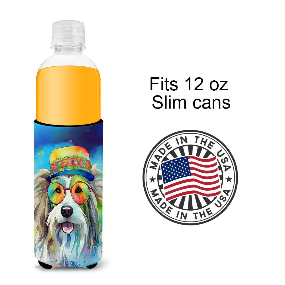 Bearded Collie Hippie Dawg Slim Can Hugger , Insulated Foam Hugger for 12 oz Slim Cans, Beer Bottles & Water Bottles, Printed in USA