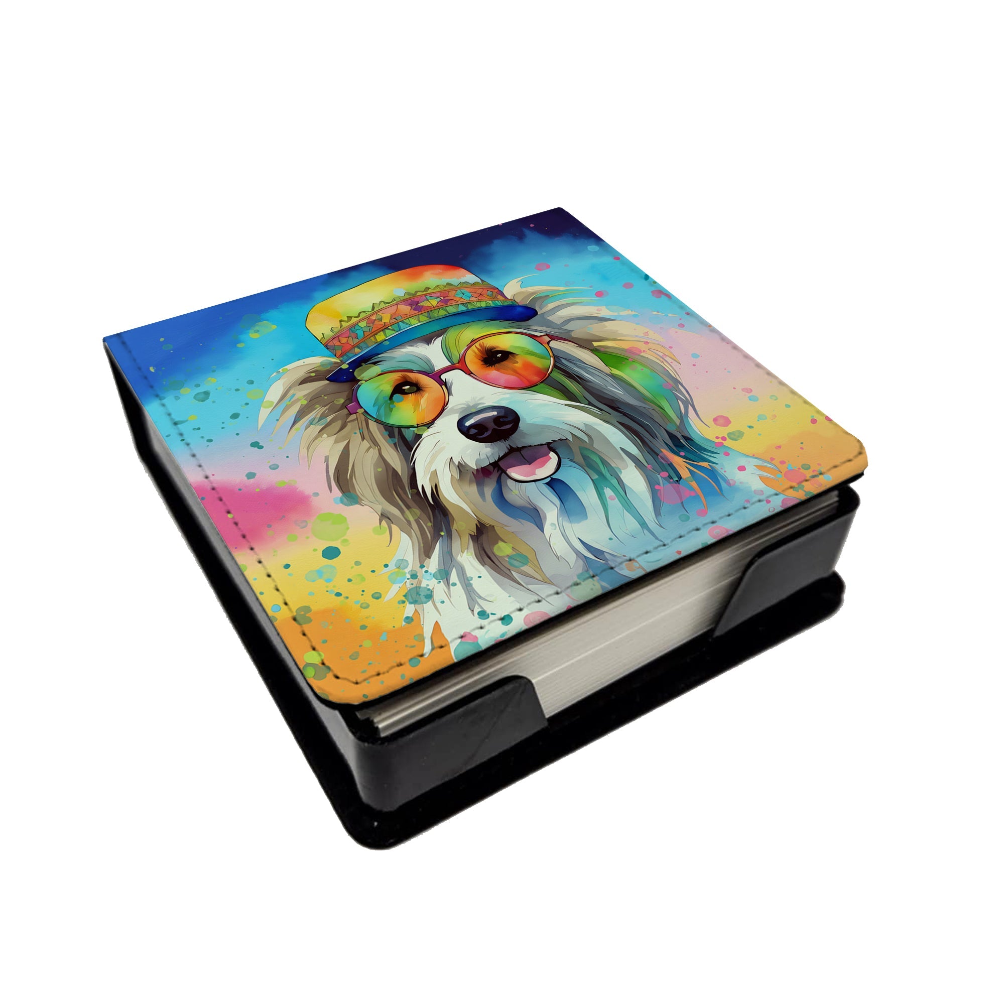 Bearded Collie Hippie Dawg PU Leather Note Paper Holder with Artist-Designed Cover, Desk Accessory, Office Gift