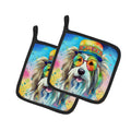 Bearded Collie Hippie Dawg Pot Holder Set of 2 Heat Resistant Quilted Hot Pads 7.5 x 7.5 Inch, Insulated Kitchen Trivets for Cooking & Baking