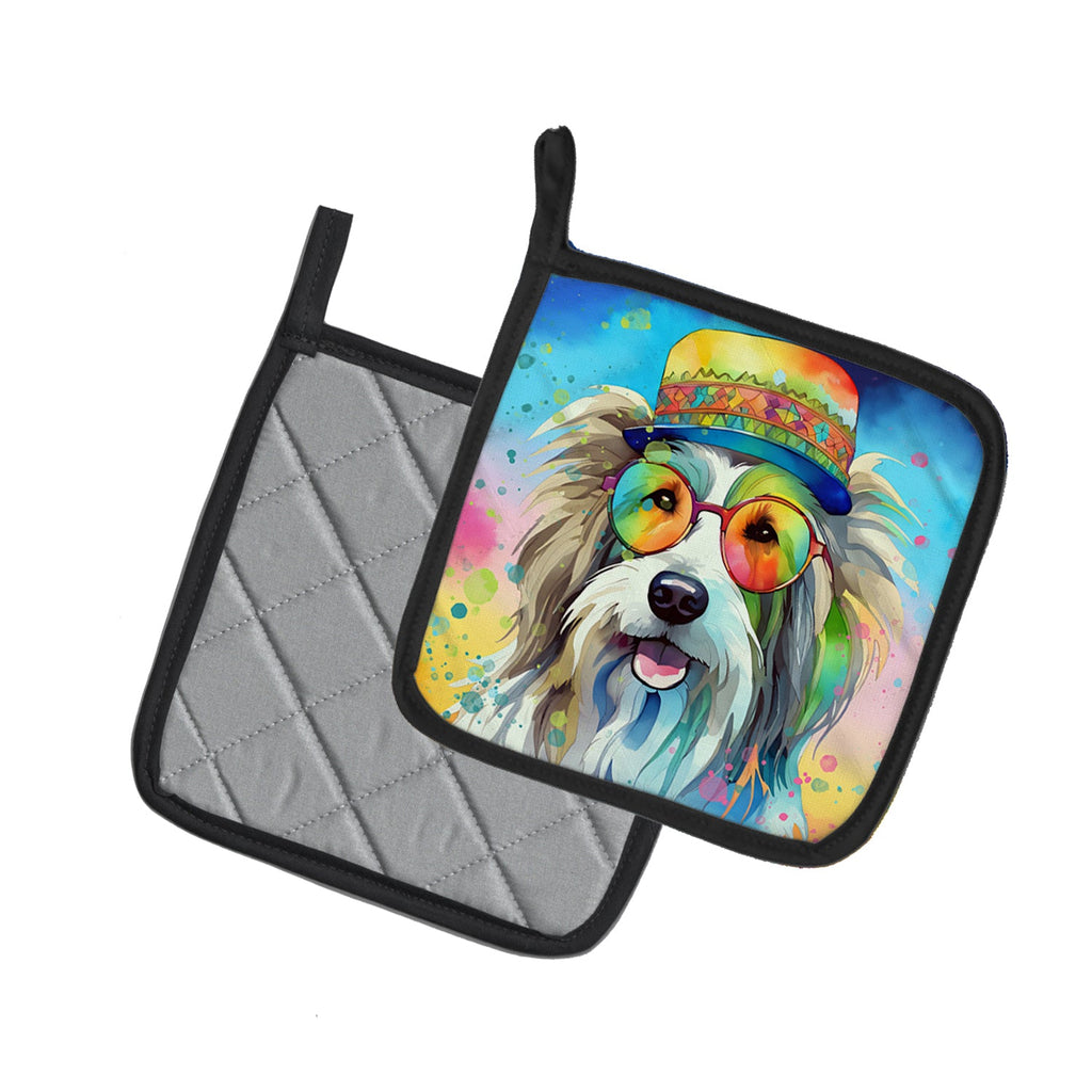 Bearded Collie Hippie Dawg Pot Holder Set of 2 Heat Resistant Quilted Hot Pads 7.5 x 7.5 Inch, Insulated Kitchen Trivets for Cooking & Baking