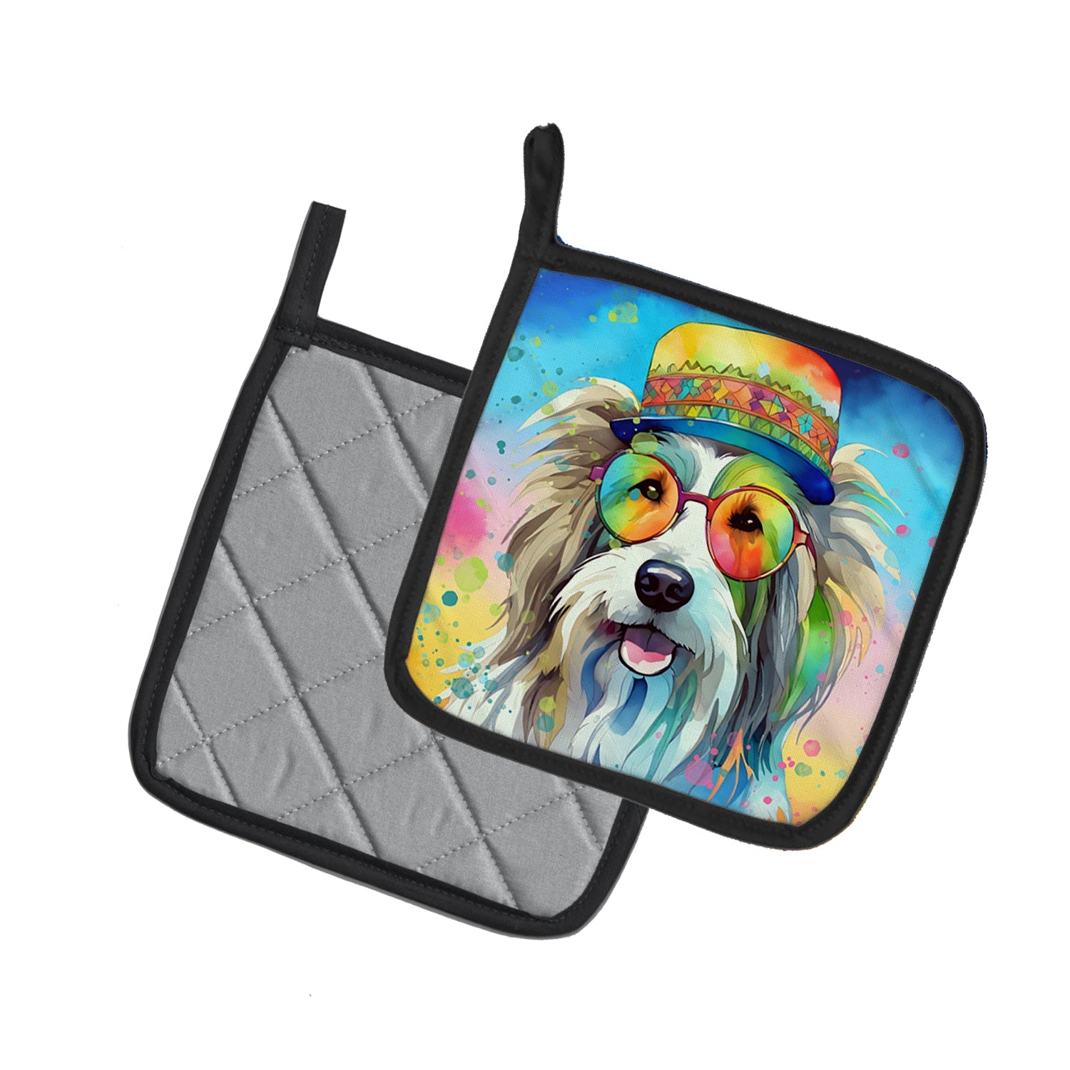 Bearded Collie Hippie Dawg Pot Holder Set of 2 Heat Resistant Quilted Hot Pads 7.5 x 7.5 Inch, Insulated Kitchen Trivets for Cooking & Baking