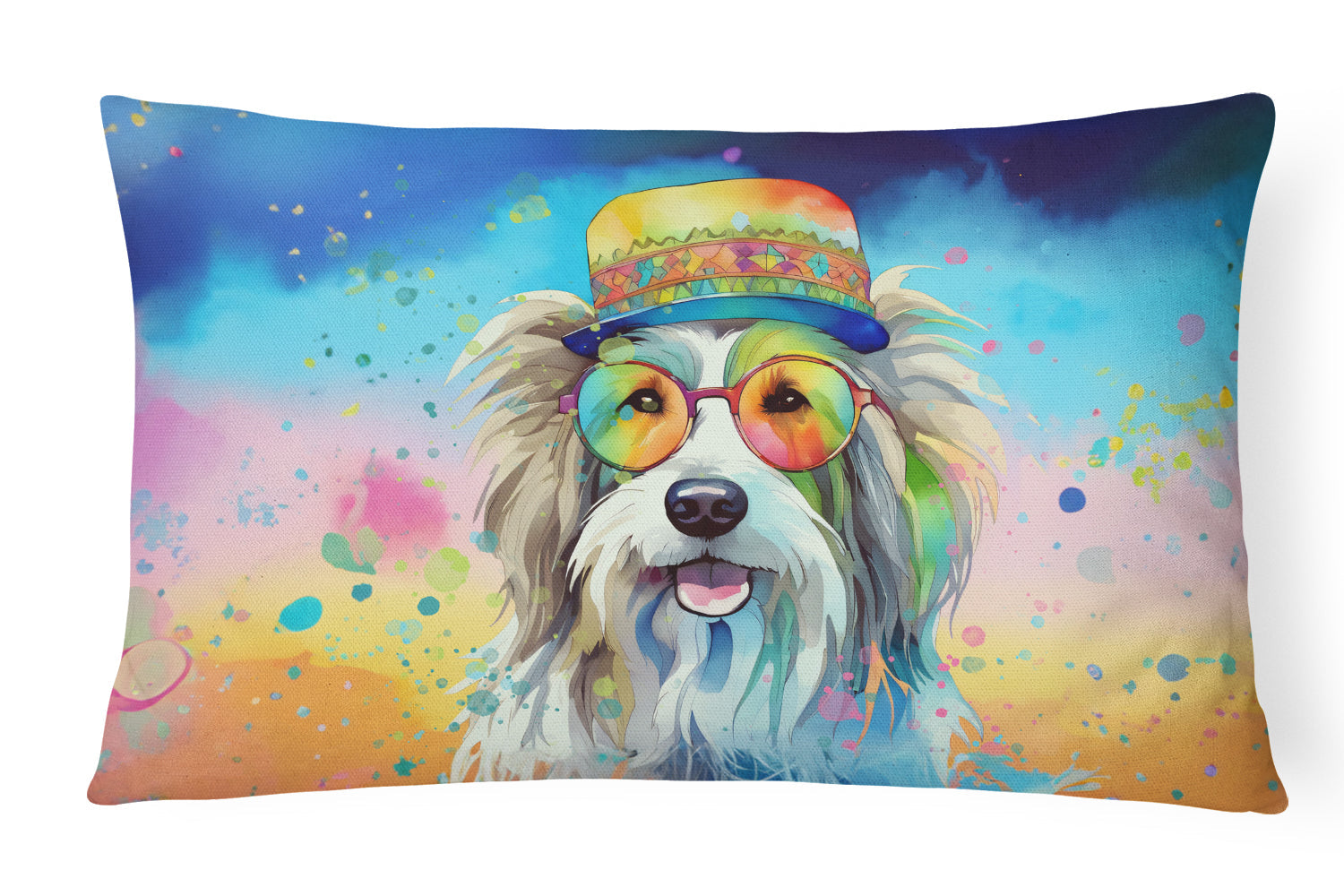 Bearded Collie Hippie Dawg Decorative Throw Pillow 12x16 Indoor Outdoor Accent Cushion, Fabric Cover with Insert for Sofa, Bed, Porch & Living Room