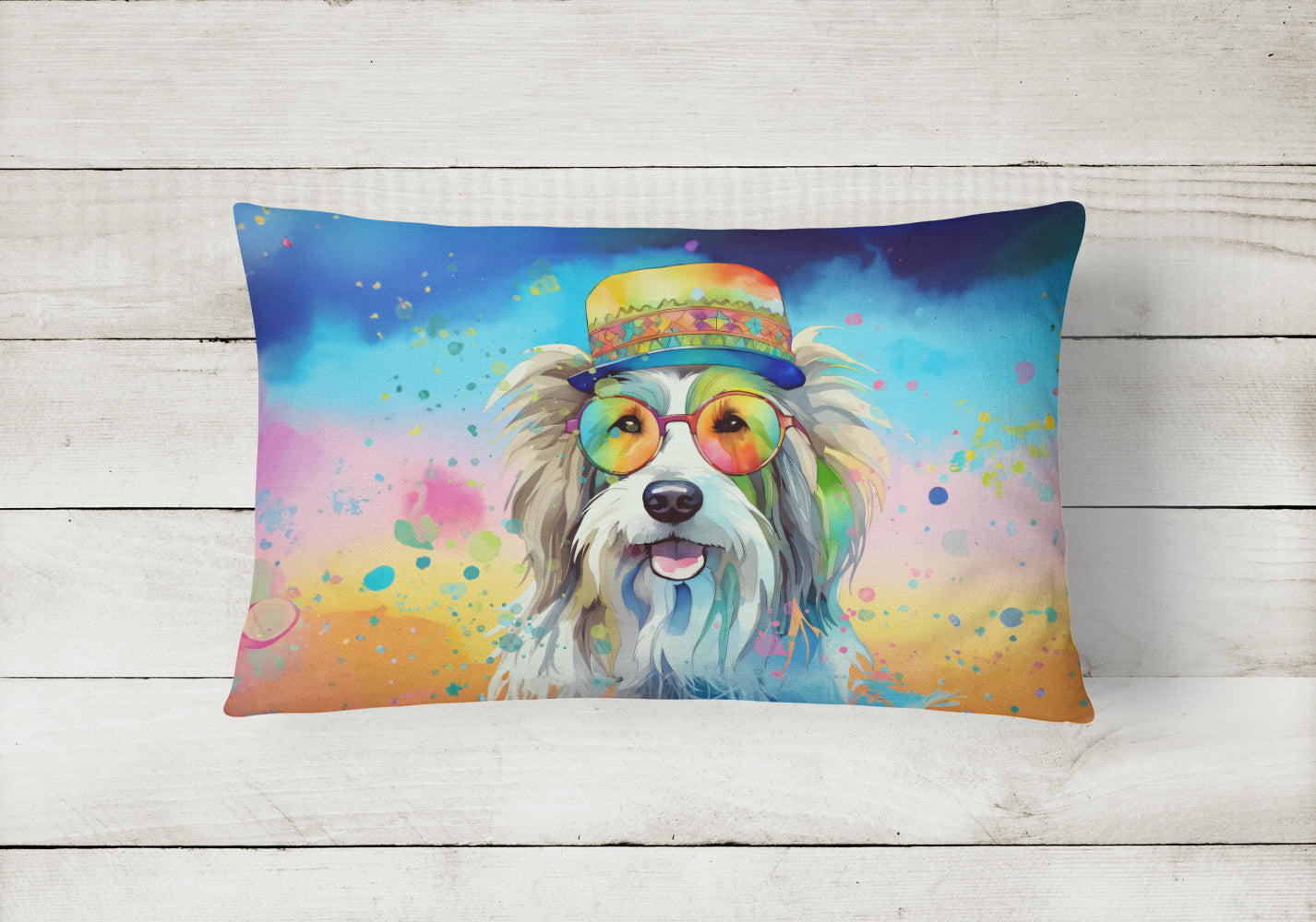 Bearded Collie Hippie Dawg Decorative Throw Pillow 12x16 Indoor Outdoor Accent Cushion, Fabric Cover with Insert for Sofa, Bed, Porch & Living Room