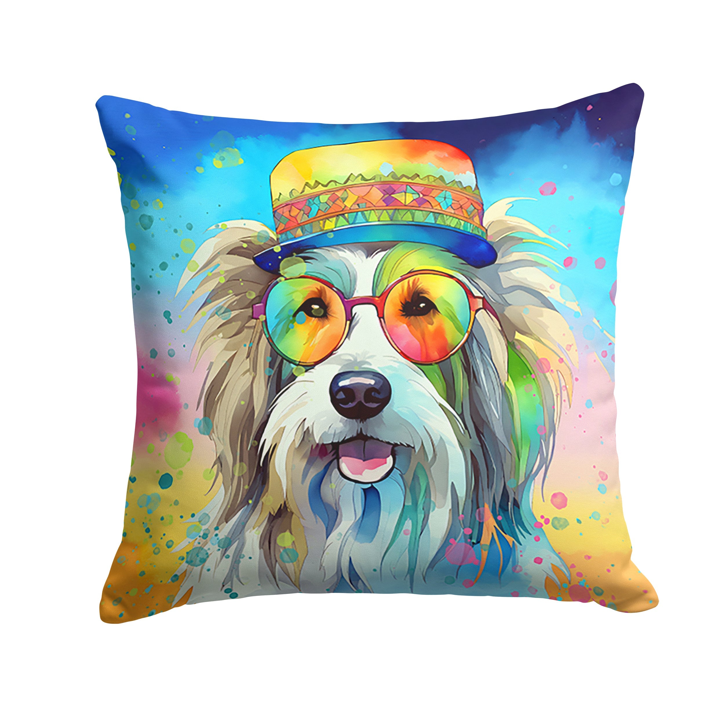 Bearded Collie Hippie Dawg Decorative Throw Pillow 14x14 Indoor Outdoor Accent Cushion, Fabric Cover with Insert for Sofa, Bed, Porch & Living Room