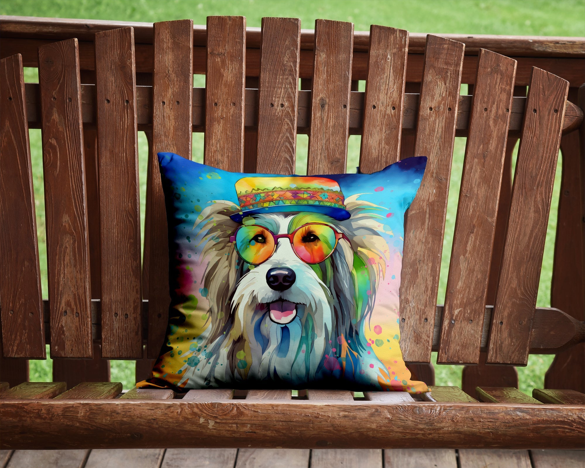 Bearded Collie Hippie Dawg Decorative Throw Pillow 14x14 Indoor Outdoor Accent Cushion, Fabric Cover with Insert for Sofa, Bed, Porch & Living Room
