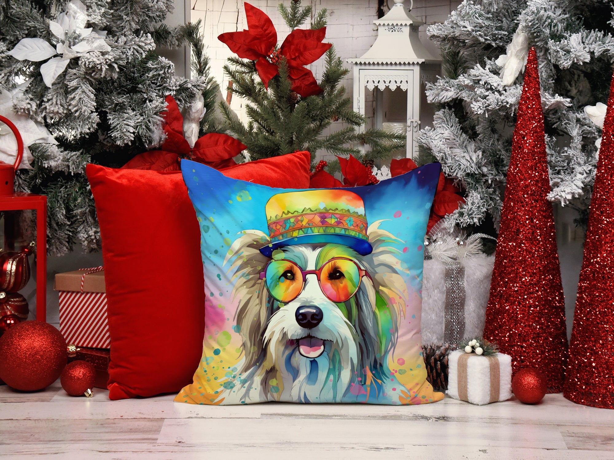 Bearded Collie Hippie Dawg Decorative Throw Pillow 18x18 Indoor Outdoor Accent Cushion, Fabric Cover with Insert for Sofa, Bed, Porch & Living Room