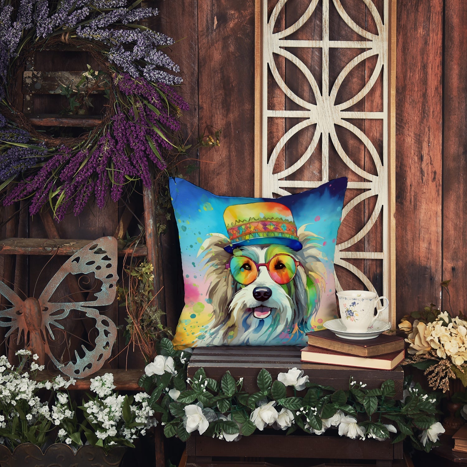 Bearded Collie Hippie Dawg Decorative Throw Pillow 18x18 Indoor Outdoor Accent Cushion, Fabric Cover with Insert for Sofa, Bed, Porch & Living Room