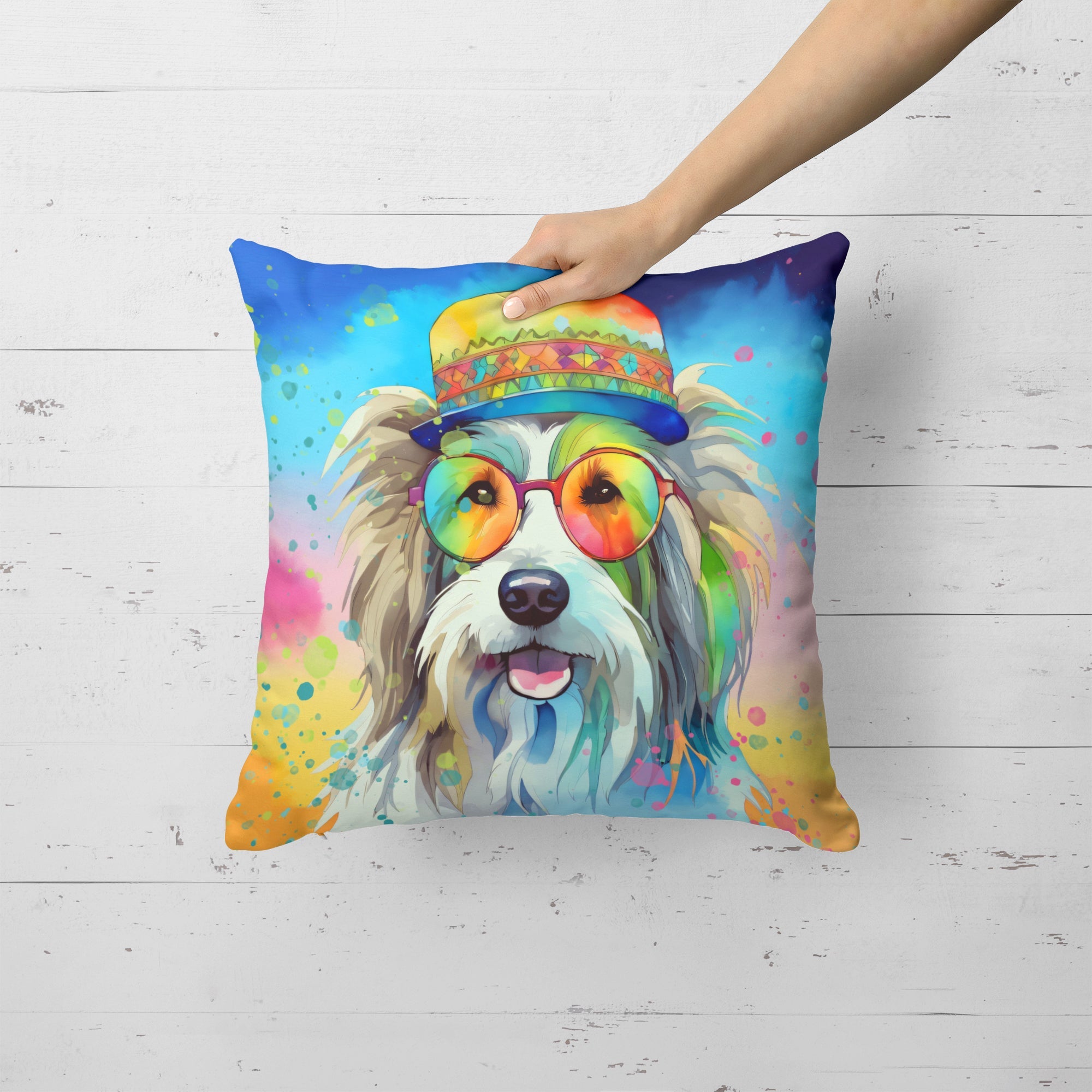 Bearded Collie Hippie Dawg Decorative Throw Pillow 18x18 Indoor Outdoor Accent Cushion, Fabric Cover with Insert for Sofa, Bed, Porch & Living Room