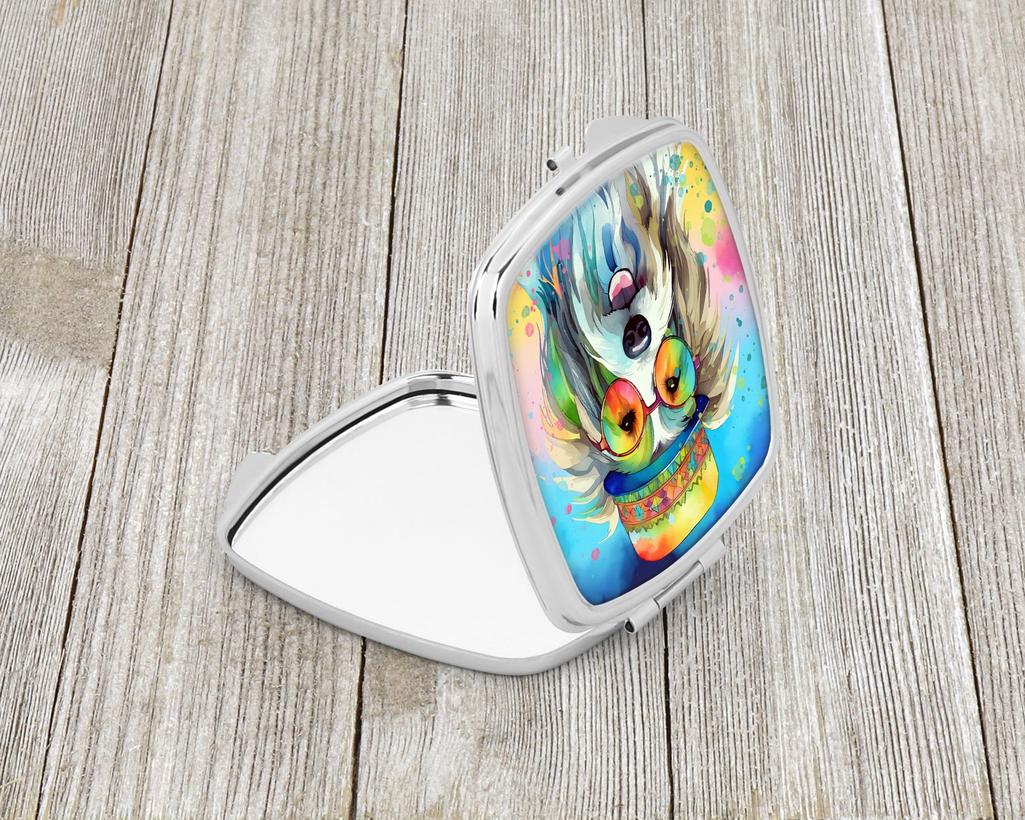 Bearded Collie Hippie Dawg Compact Mirror Decorative Travel Makeup Mirror for Women Girls Gifts Pocket Makeup Mirror Folding Handheld