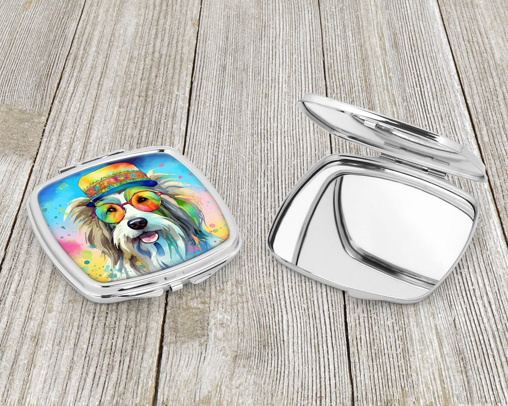 Bearded Collie Hippie Dawg Compact Mirror Decorative Travel Makeup Mirror for Women Girls Gifts Pocket Makeup Mirror Folding Handheld