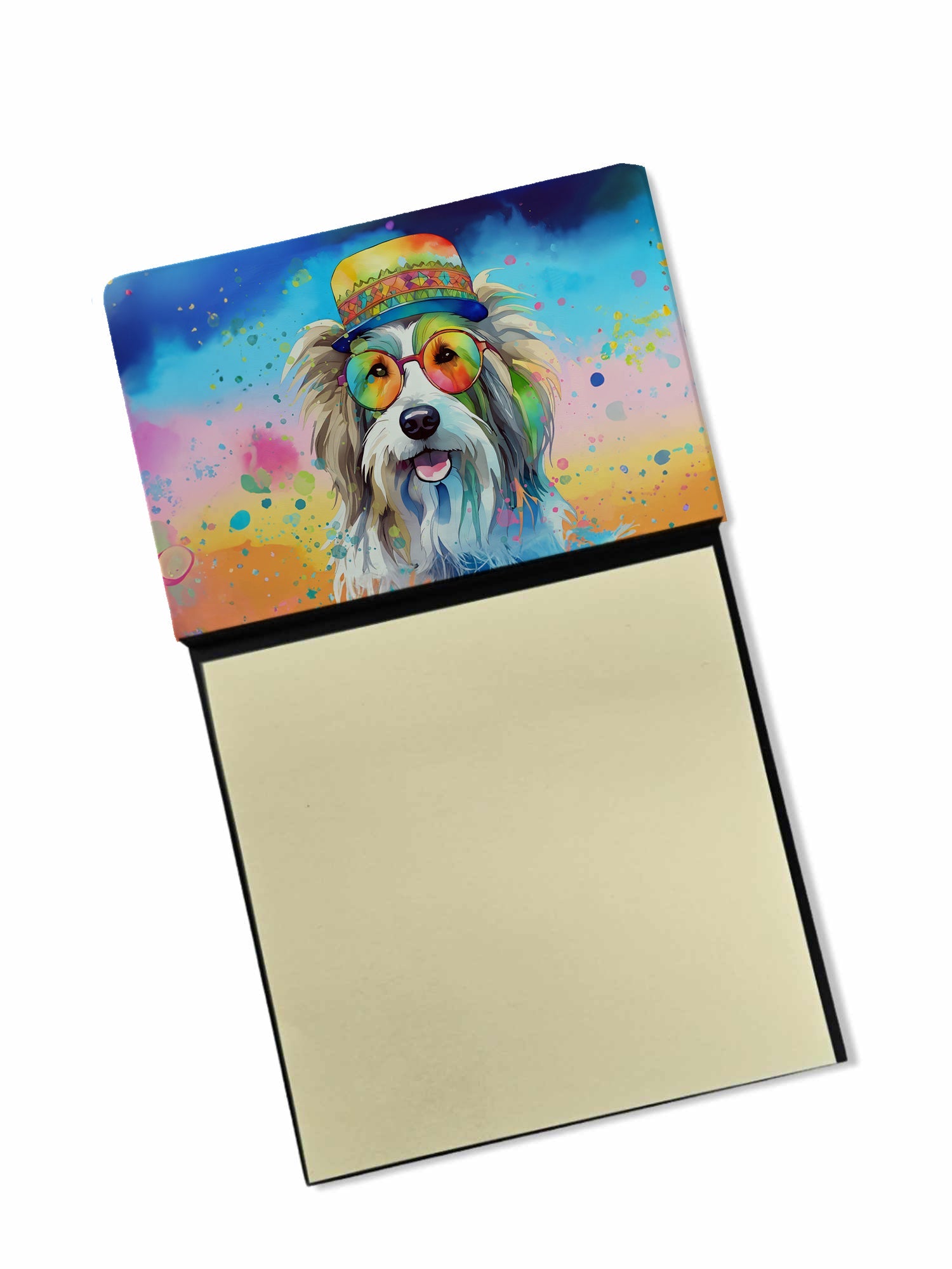 Bearded Collie Hippie Dawg Watercolor Sticky Note Holder Refillable Dispenser Desk Accessory 3x3 Pad Gift
