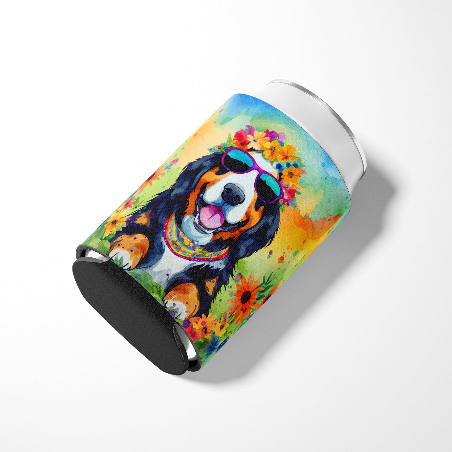 Bernese Mountain Dog Hippie Dawg Can or Bottle Hugger Cooler Sleeve for Standard 12 oz Cans, Insulated Foam Beer & Soda Can Hugger Reusable